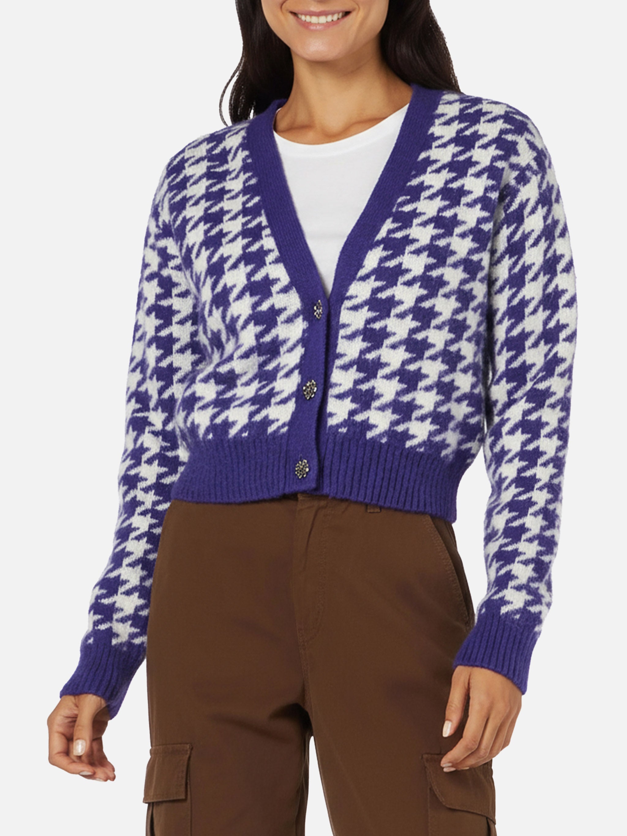 mc2-saint-barth-megeve-cardigan-donna-cropped-viola-pied-de-poule-bottoni-gioiel image 1