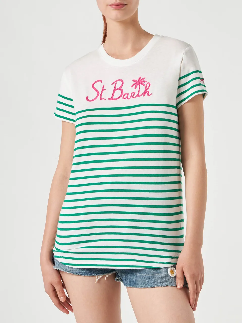 mc2-saint-barth-t-shirt-donna-cotone-righe-verdi-ricamo-st-barth image 1