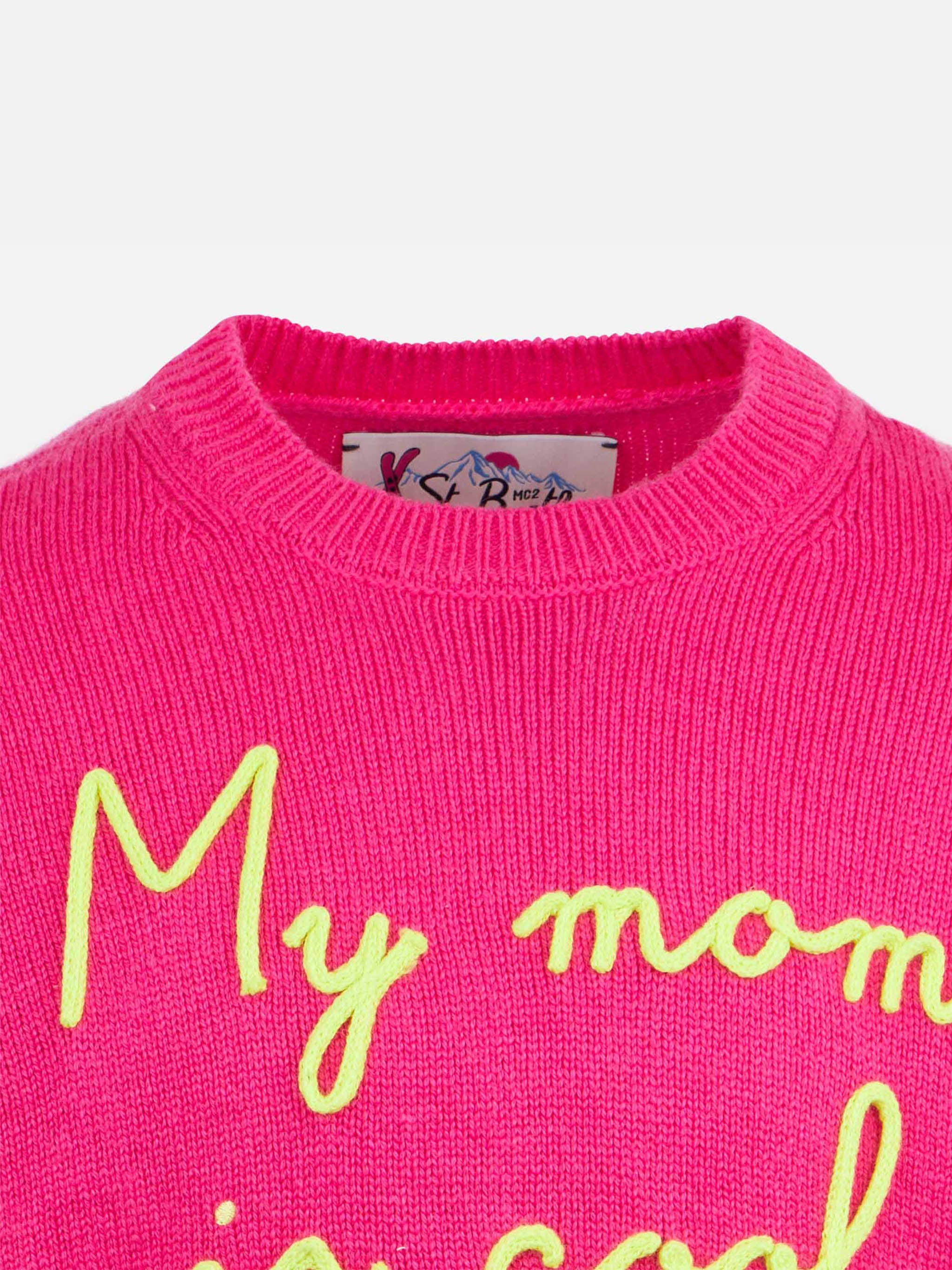 mc2-saint-barth-maglione-bambina-girocollo-rosa-fluo-ricamo-my-mom-is-cool-misto image 3