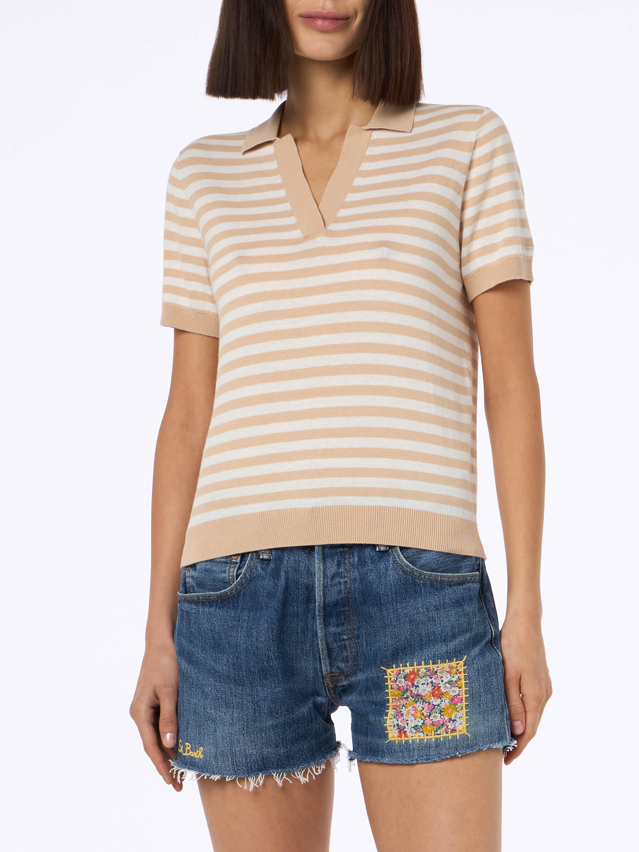 mc2-saint-barth-evonne-polo-donna-in-maglia-a-righe-beige-e-bianco image 3