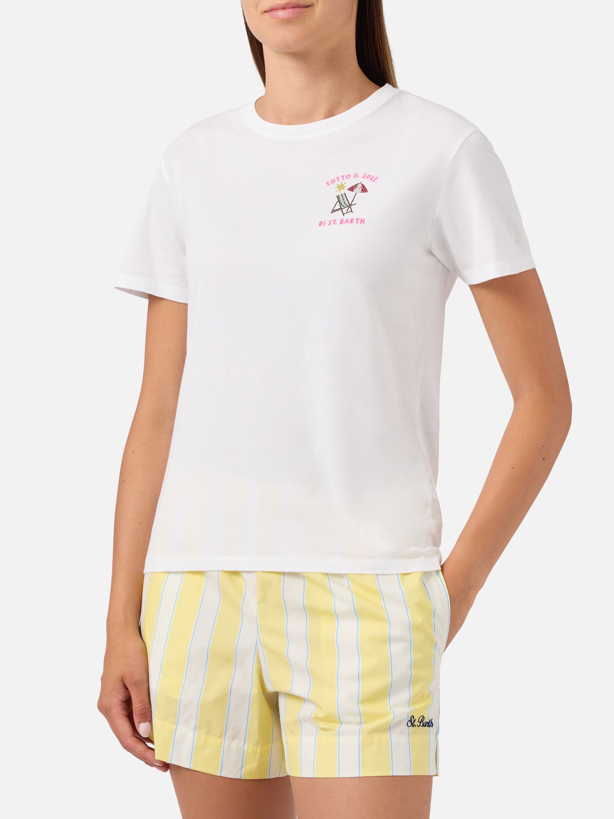 mc2-saint-barth-emily-t-shirt-donna-bianca-ricamo-strass-sotto-al-sole image 2
