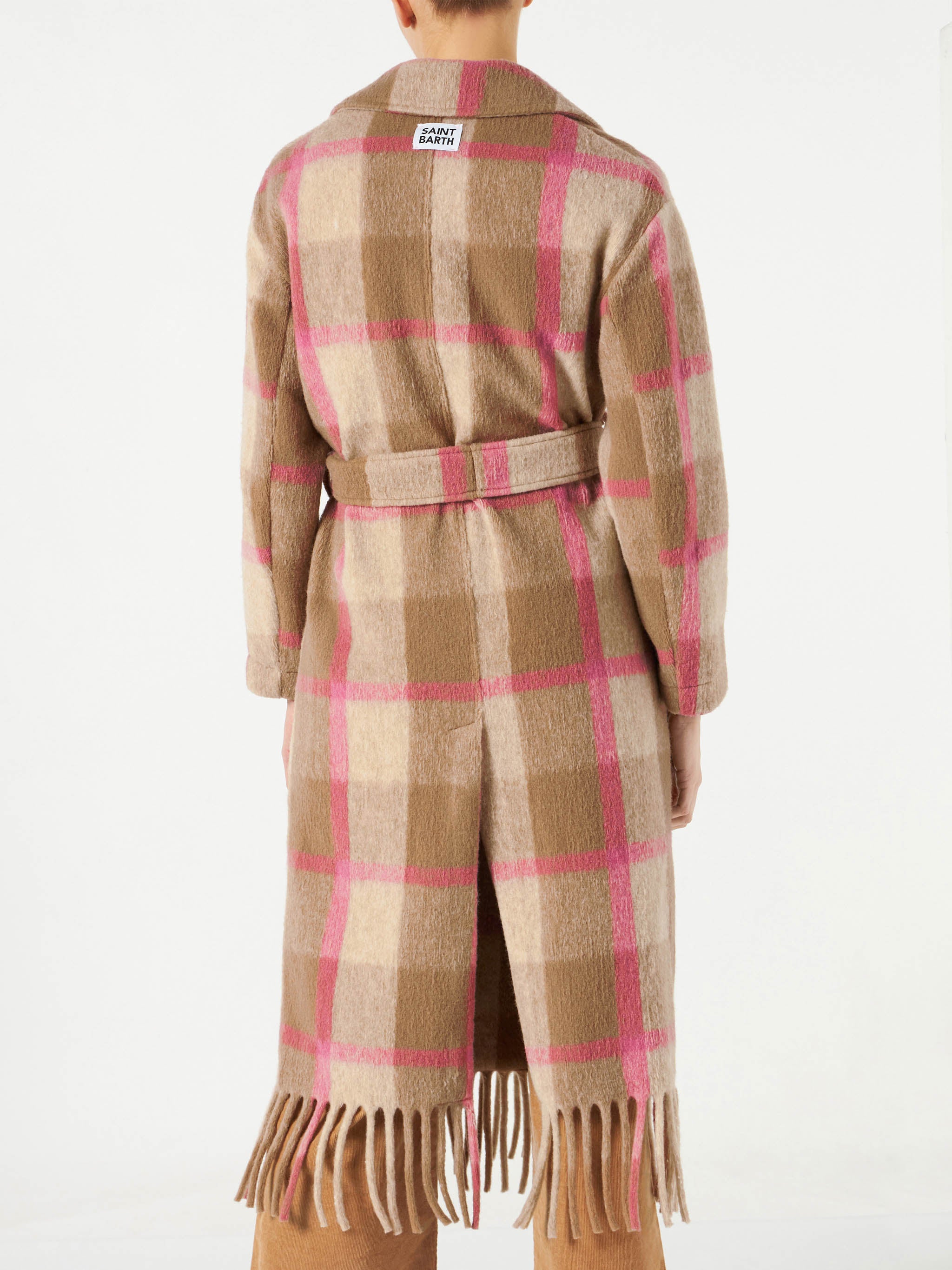 mc2-saint-barth-cappotto-lungo-charlot-con-frange-a-quadri-marrone-e-rosa image 3