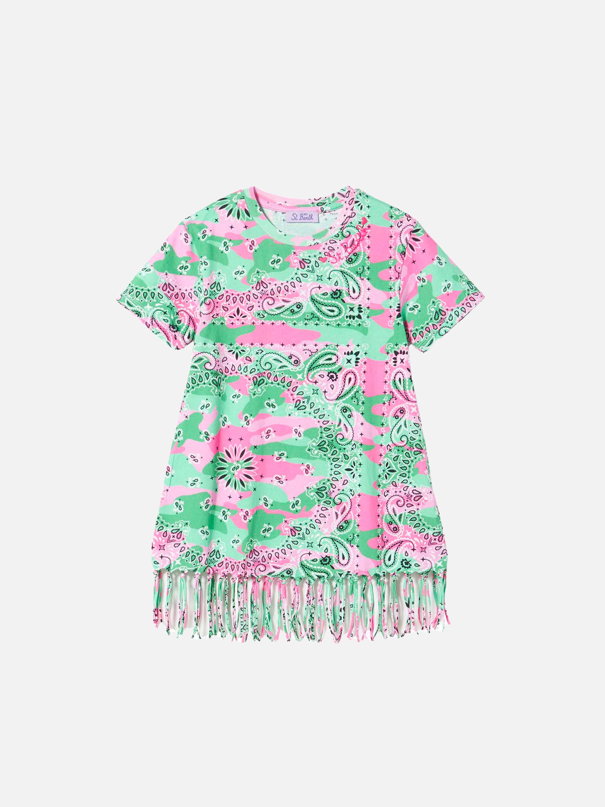 mc2-saint-barth-abito-da-bambina-in-cotone-mimetico-verde-e-rosa-con-frange image 1