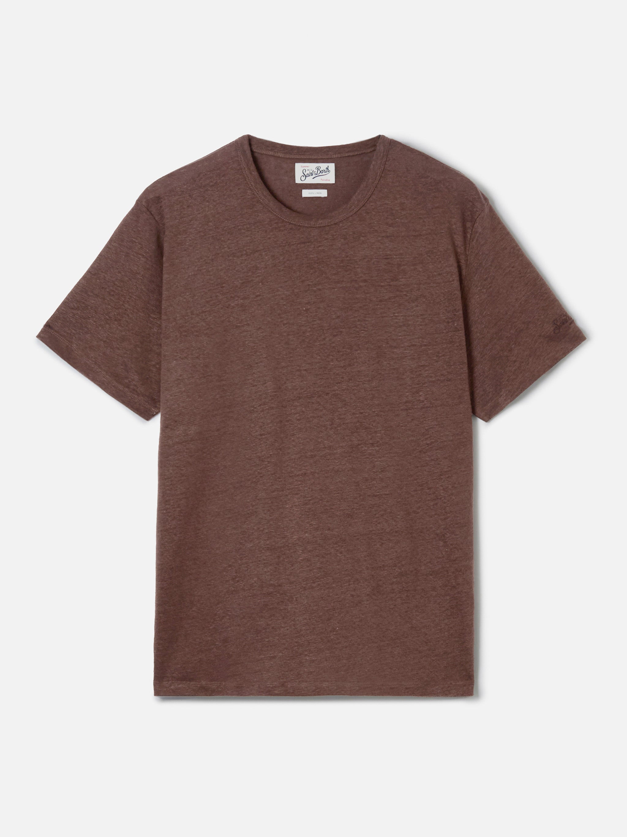 mc2-saint-barth-ecstasea-t-shirt-uomo-in-puro-lino-marrone-con-logo-ricamato image 1