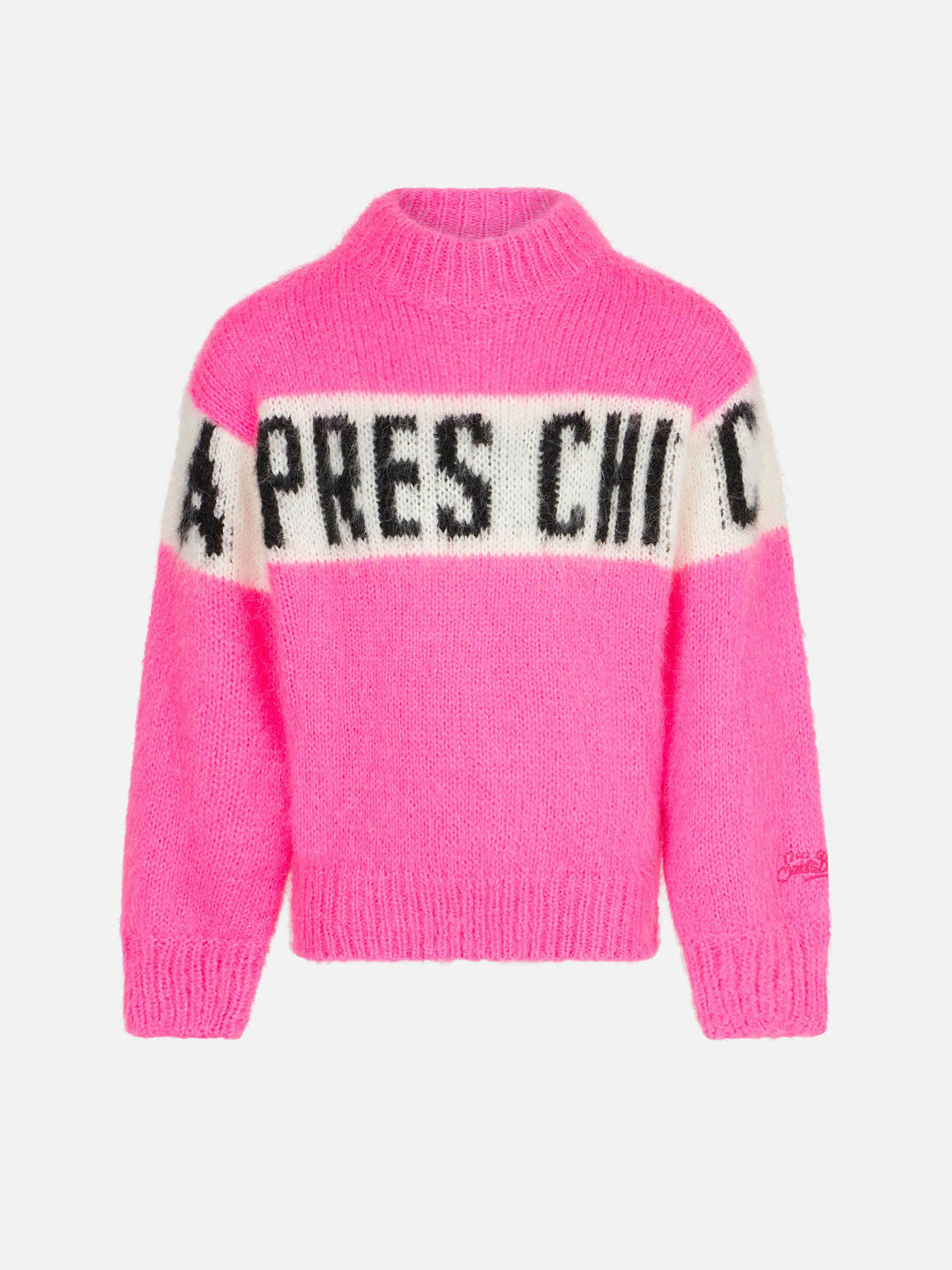 mc2-saint-barth-maglione-bambina-girocollo-garzato-rosa-scritta-apres-chic image 1