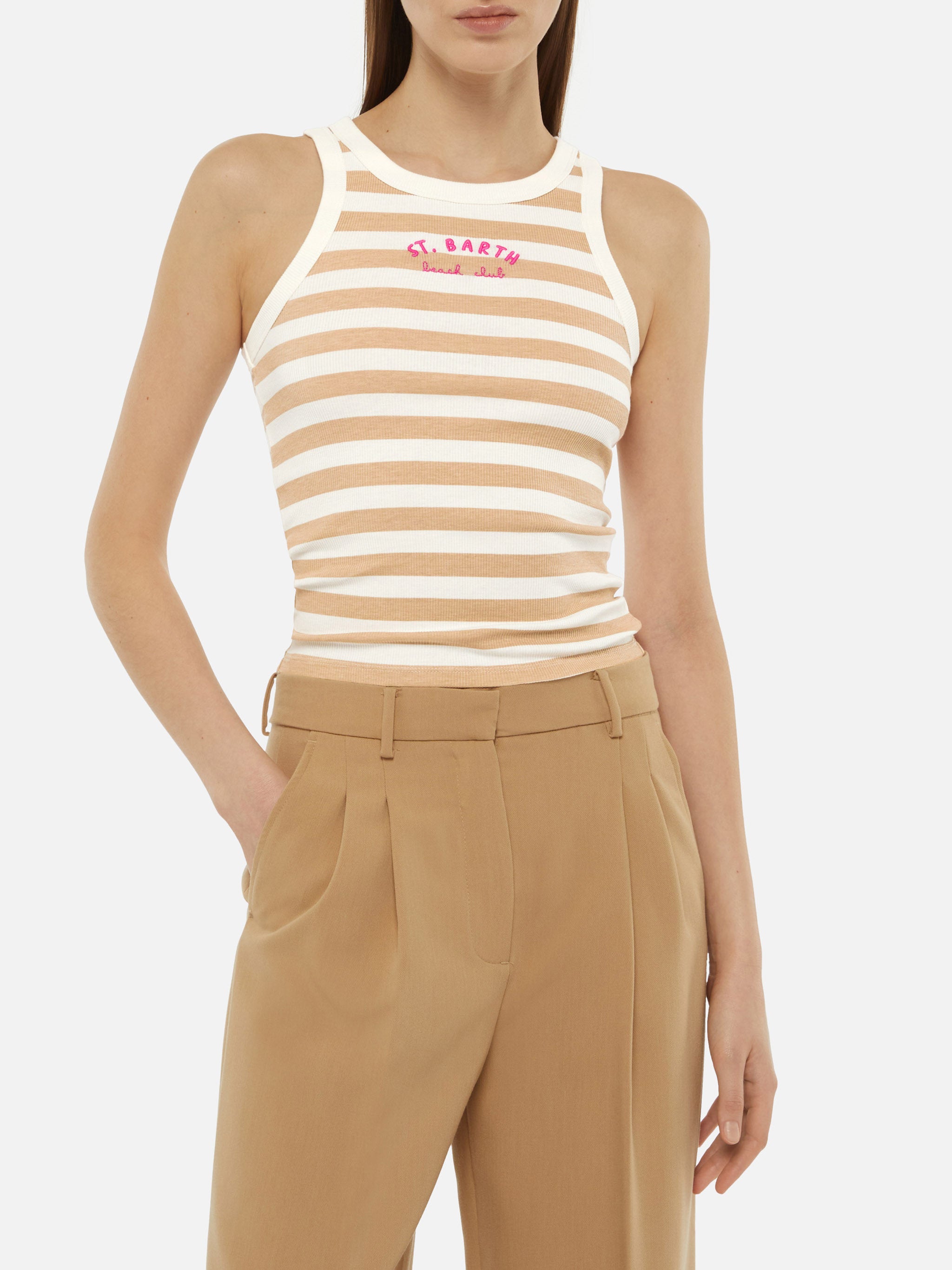 mc2-saint-barth-ada-canotta-donna-in-cotone-a-coste-a-righe-beige image 3