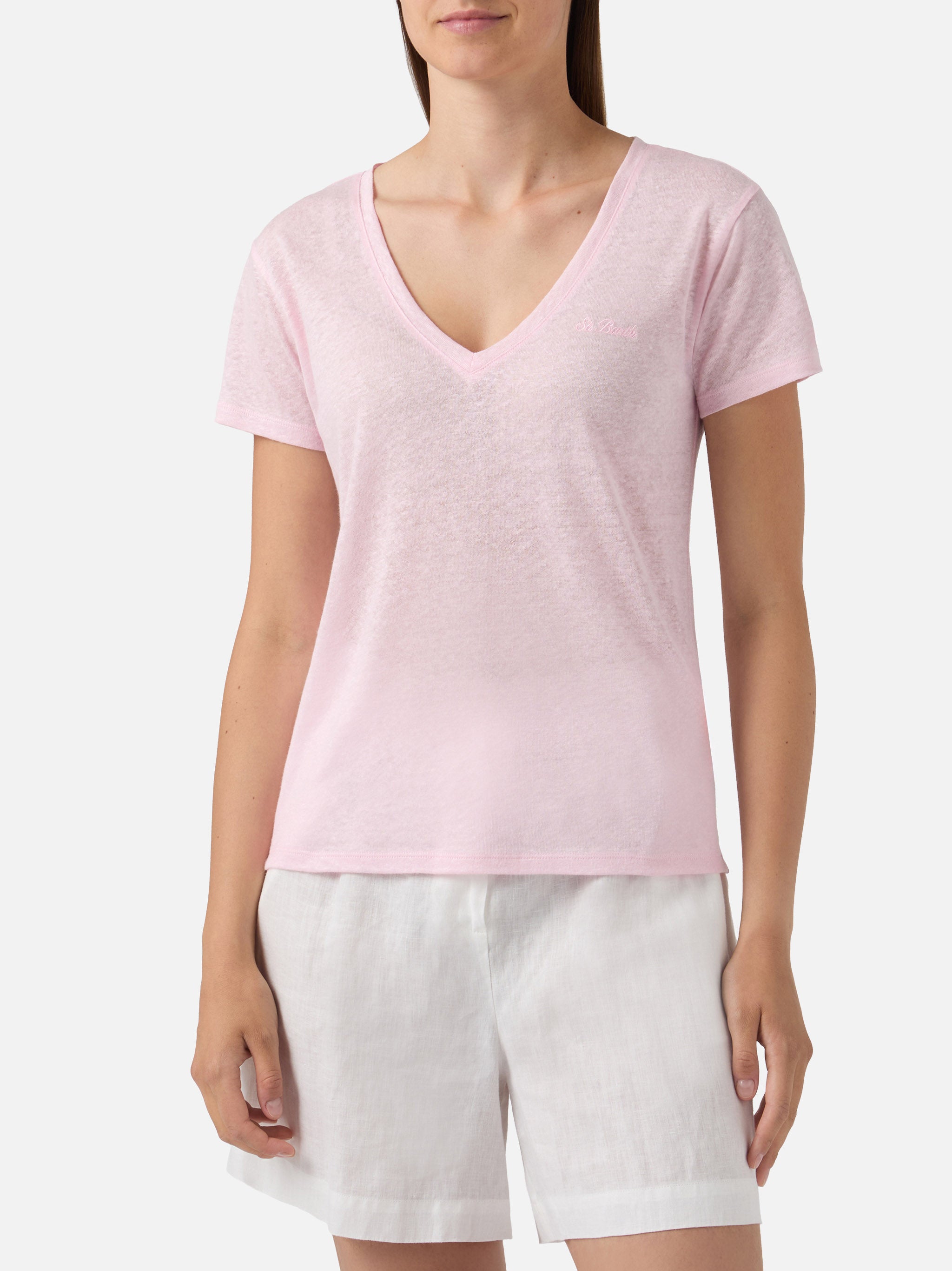 mc2-saint-barth-t-shirt-eloise-in-lino-rosa-con-logo-ricamato image 2