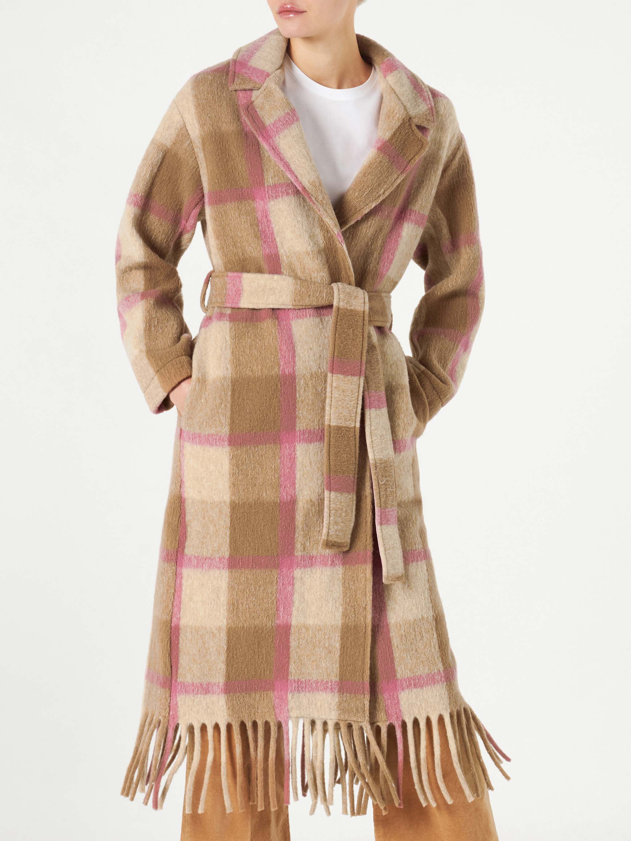 mc2-saint-barth-cappotto-lungo-charlot-con-frange-a-quadri-marrone-e-rosa image 1