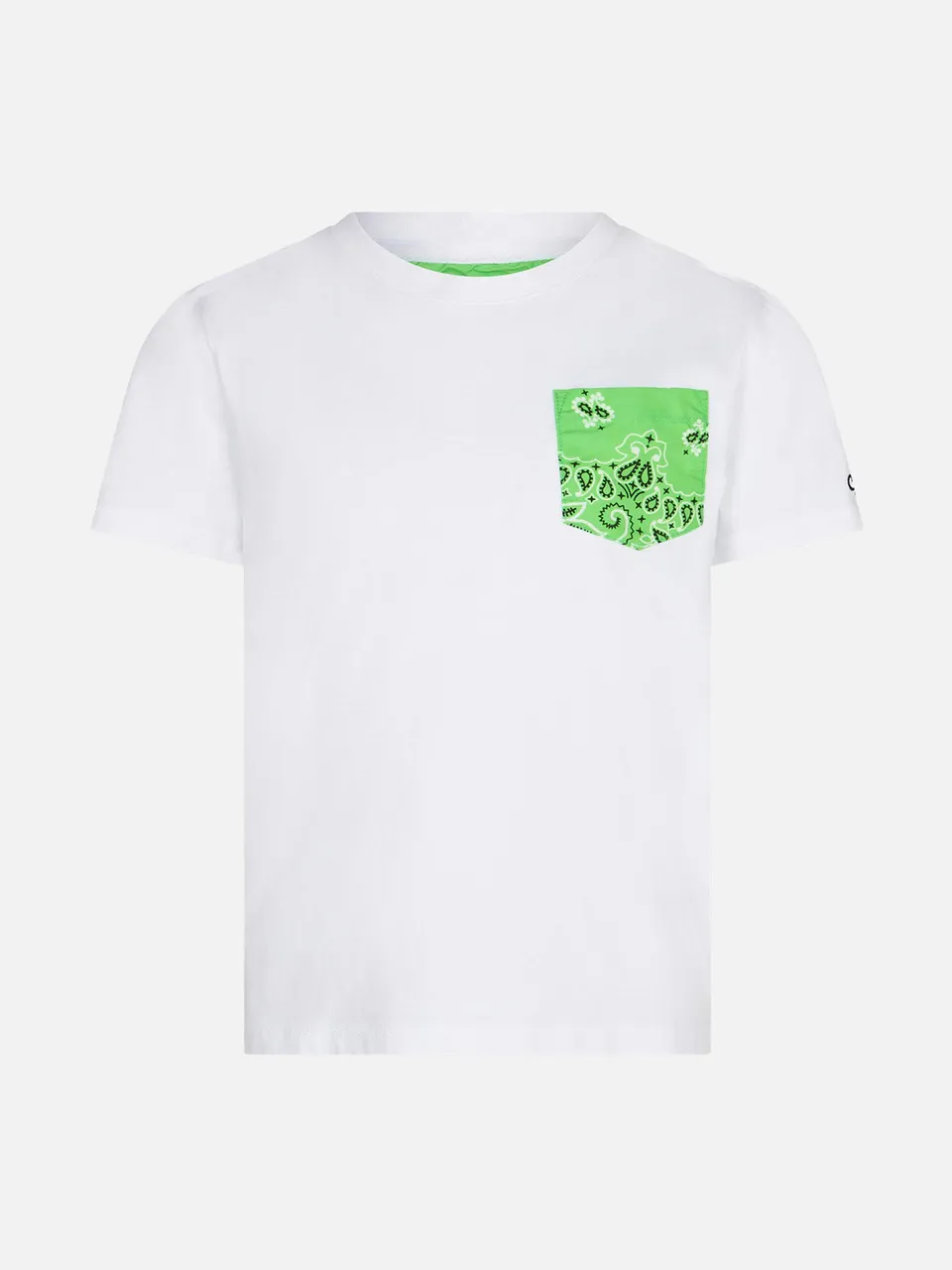 mc2-saint-barth-t-shirt-bambino-cotone-bianca-con-taschino-stampa-bandana-verde image 1