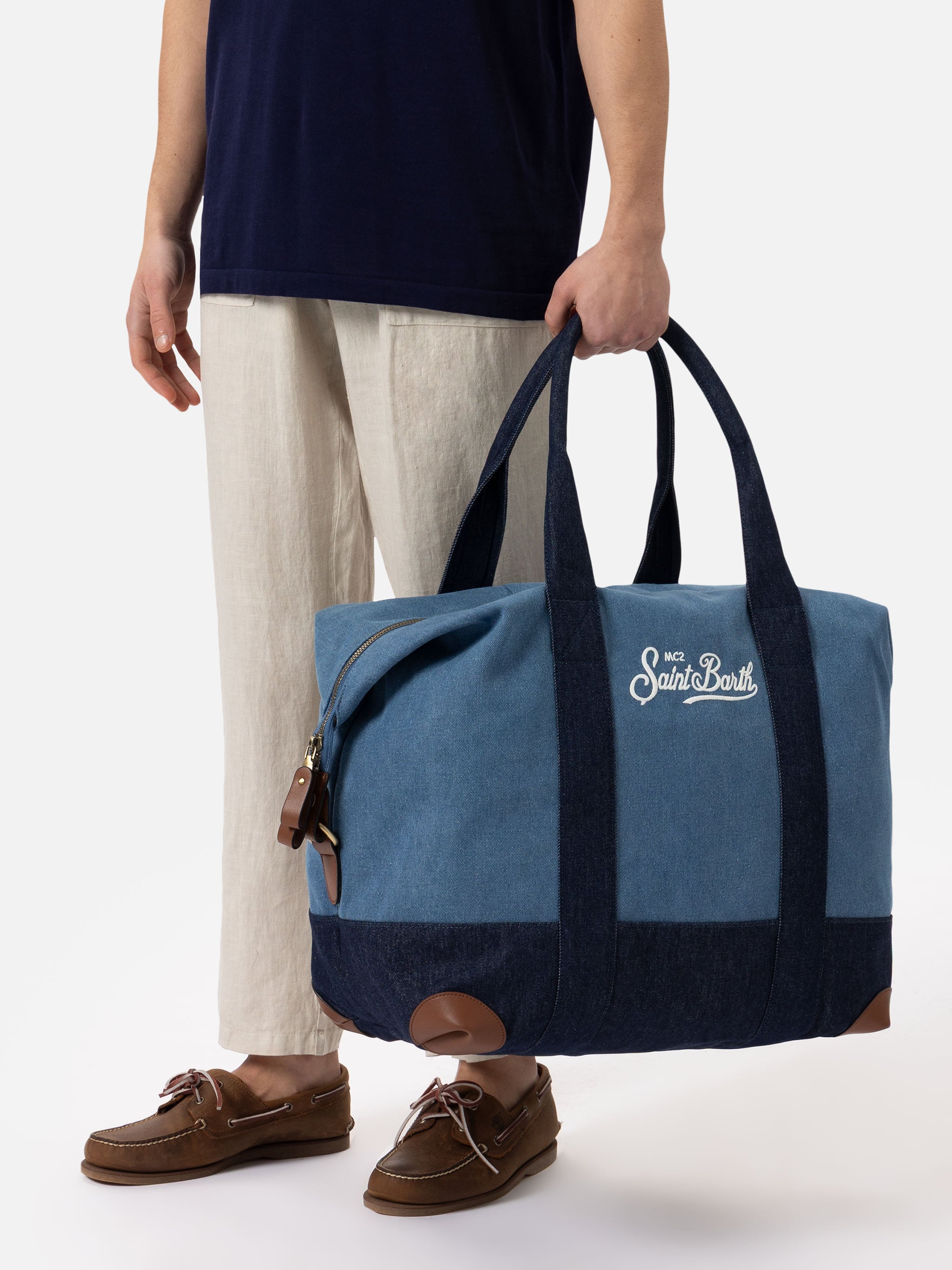mc2-saint-barth-travel-duffel-bag-borsone-viaggio-denim-righe-con-pelle image 2