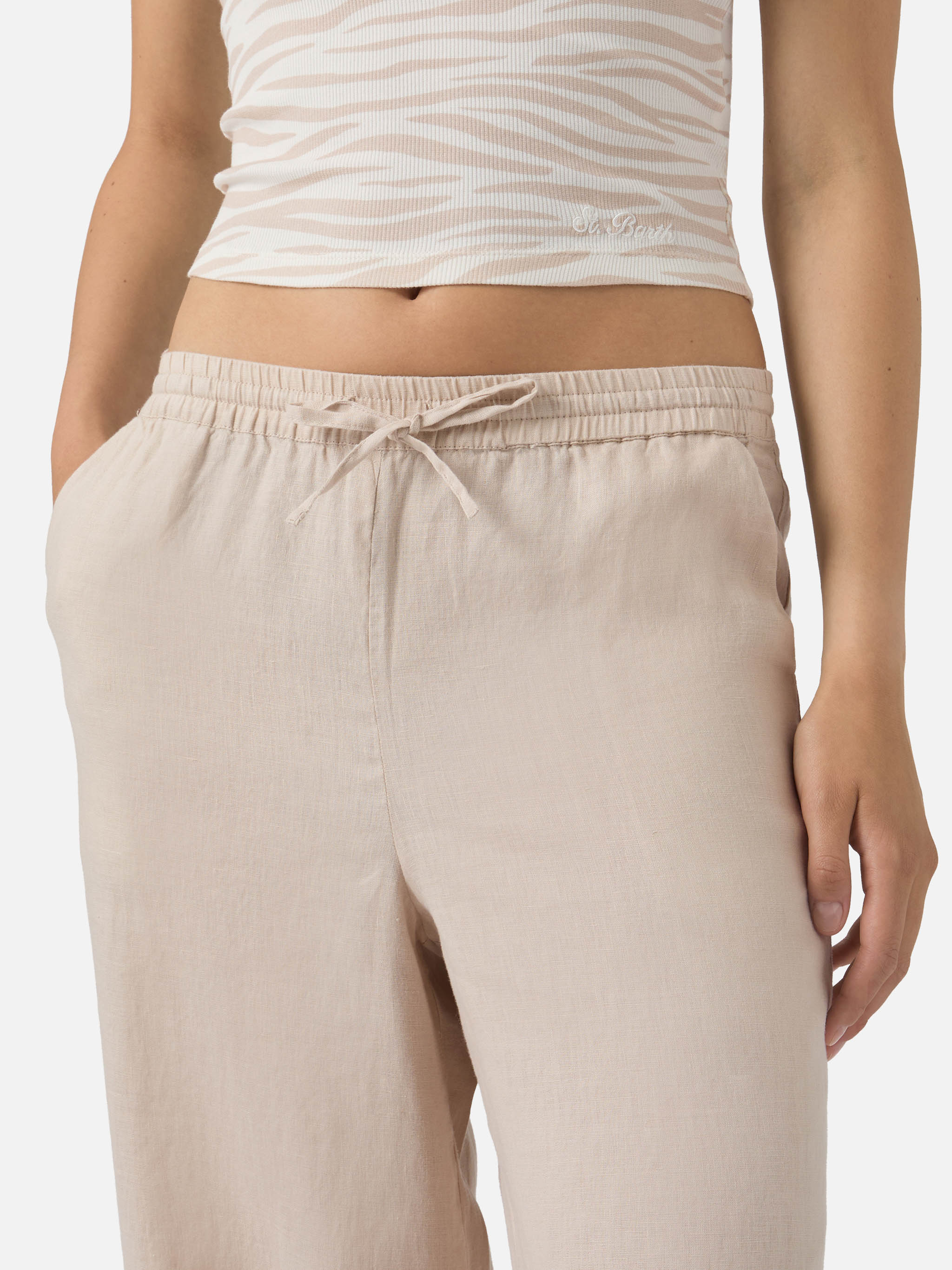 mc2-saint-barth-irma-pantaloni-donna-in-lino-beige-fondo-sfrangiato image 2