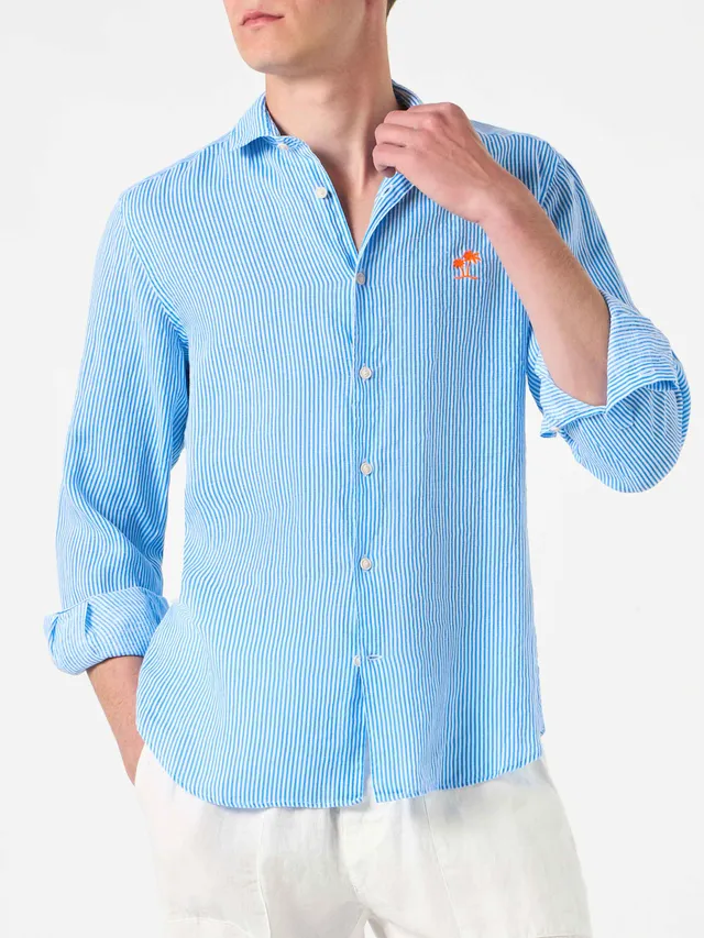 mc2-saint-barth-camicia-pamplona-uomo-in-lino-a-righe-bianco-e-bluette-fluo image 1