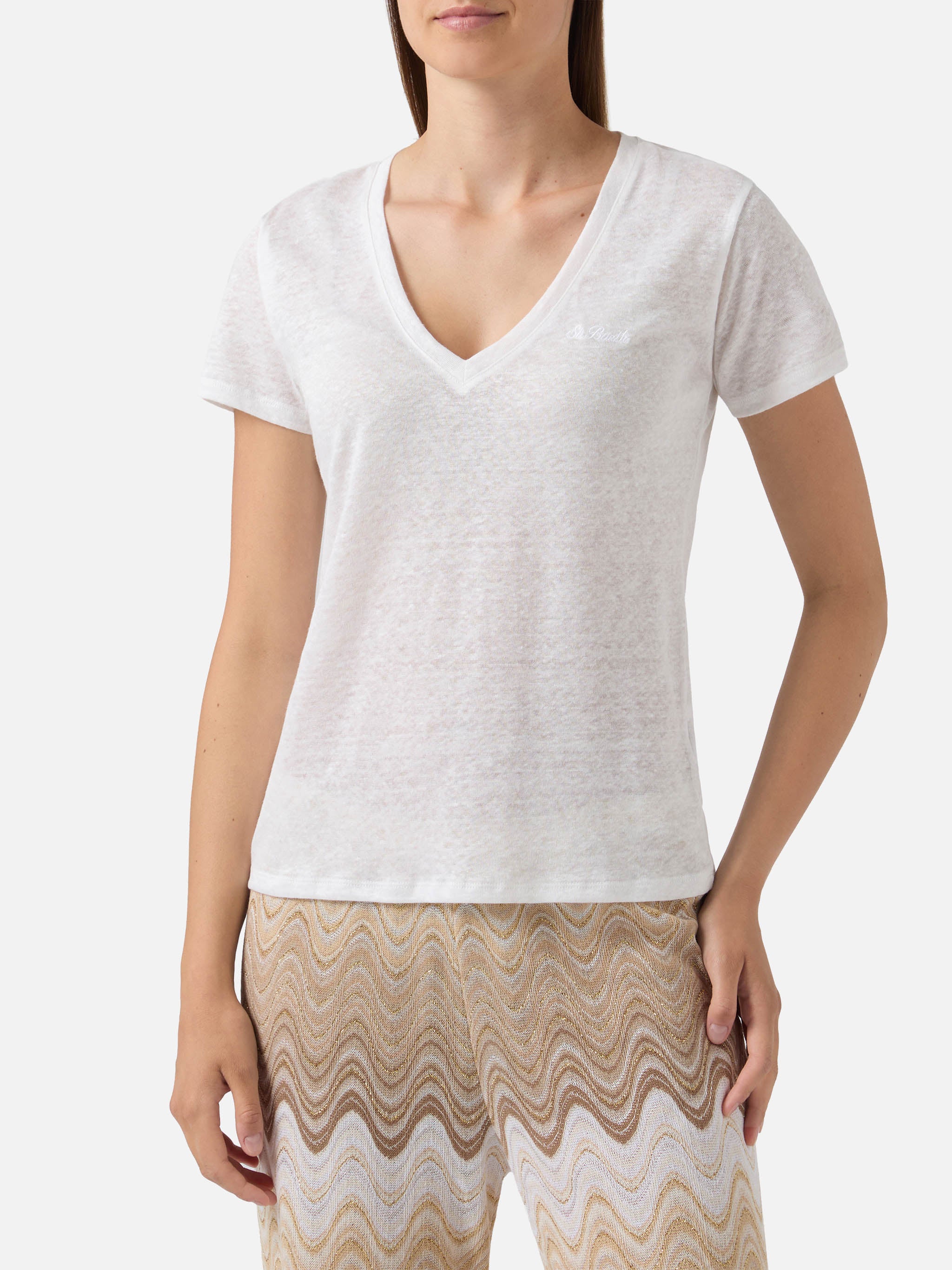 mc2-saint-barth-eloise-t-shirt-donna-in-lino-bianco-con-logo-ricamato image 2