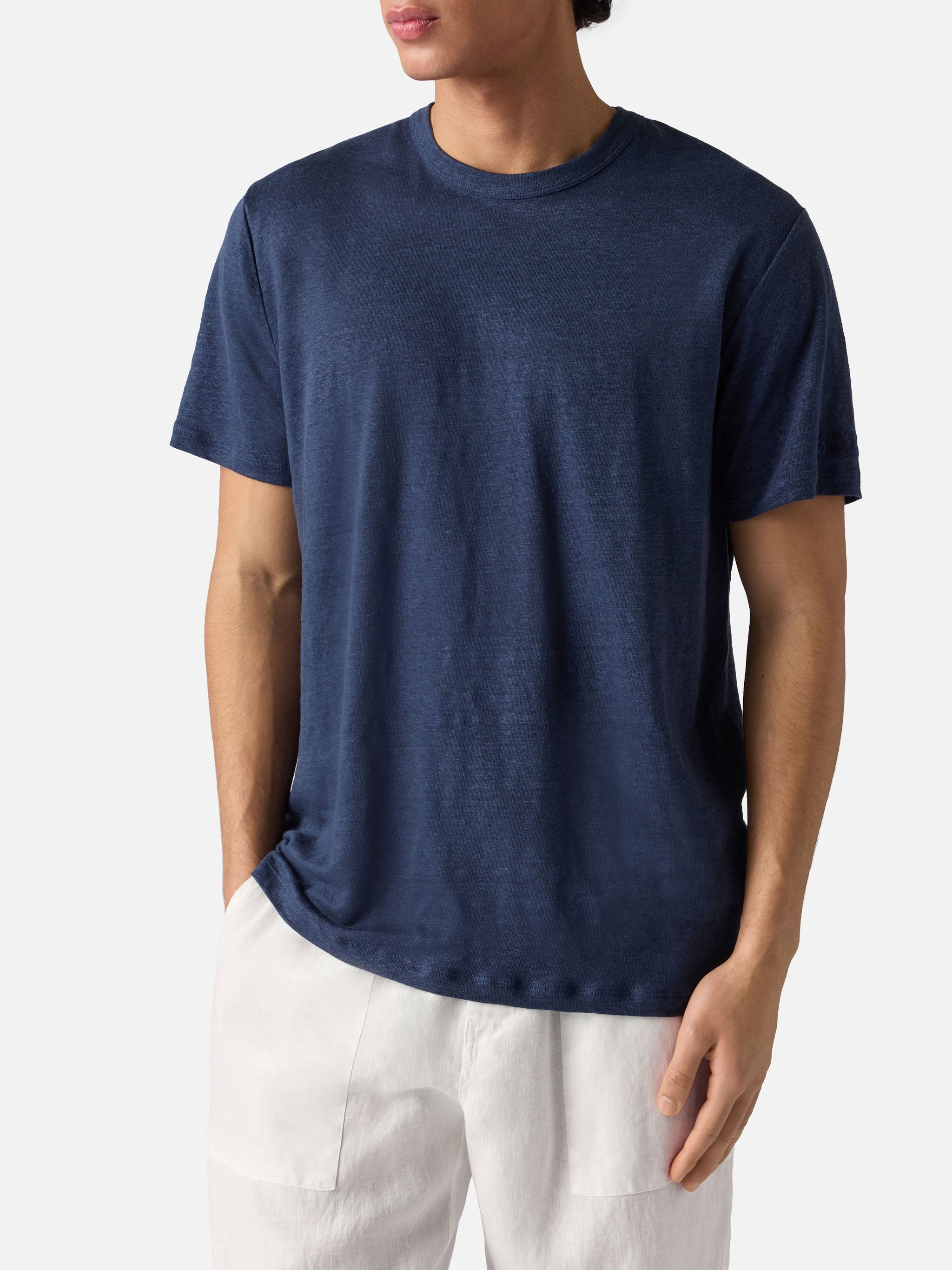 mc2-saint-barth-t-shirt-ecstasea-uomo-in-puro-lino-blu-con-logo-ricamato image 2