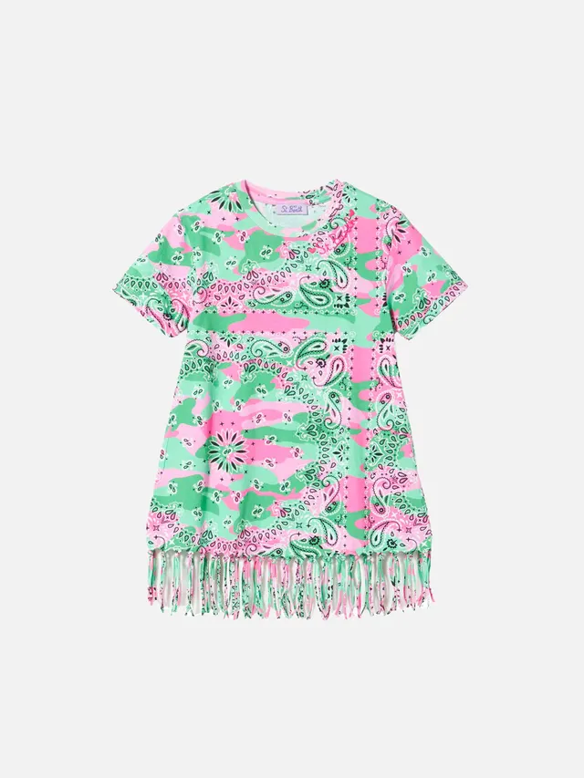 mc2-saint-barth-abito-da-bambina-in-cotone-mimetico-verde-e-rosa-con-frange image 1