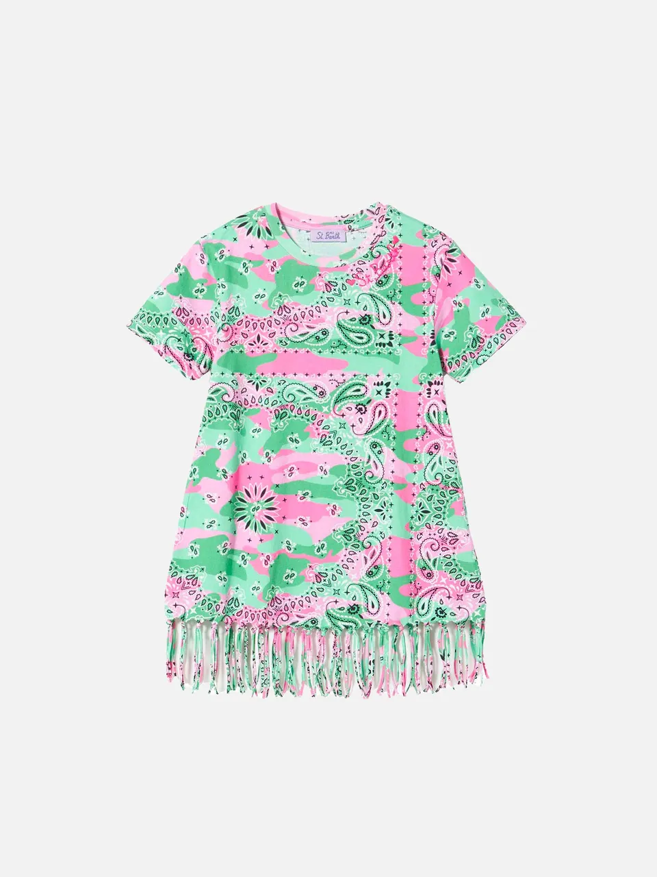 mc2-saint-barth-abito-da-bambina-in-cotone-mimetico-verde-e-rosa-con-frange image 1