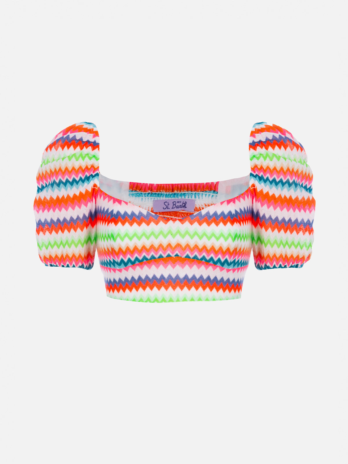 mc2-saint-barth-top-crop-delia-in-raschel-con-fantasia-chevron-fluo-arancione-e- image 1