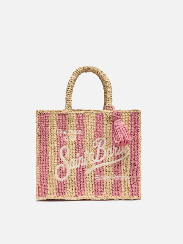mc2-saint-barth-borsa-colette-in-rafia-rosa-a-righe-con-logo-ricamato image 1