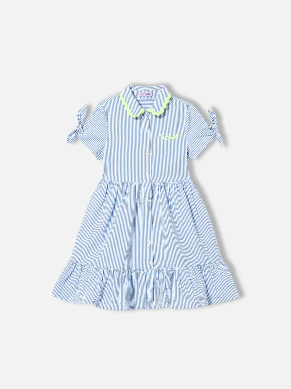 mc2-saint-barth-abito-da-bambina-a-righe-bianche-e-azzurre-con-piping-giallo-flu image 1