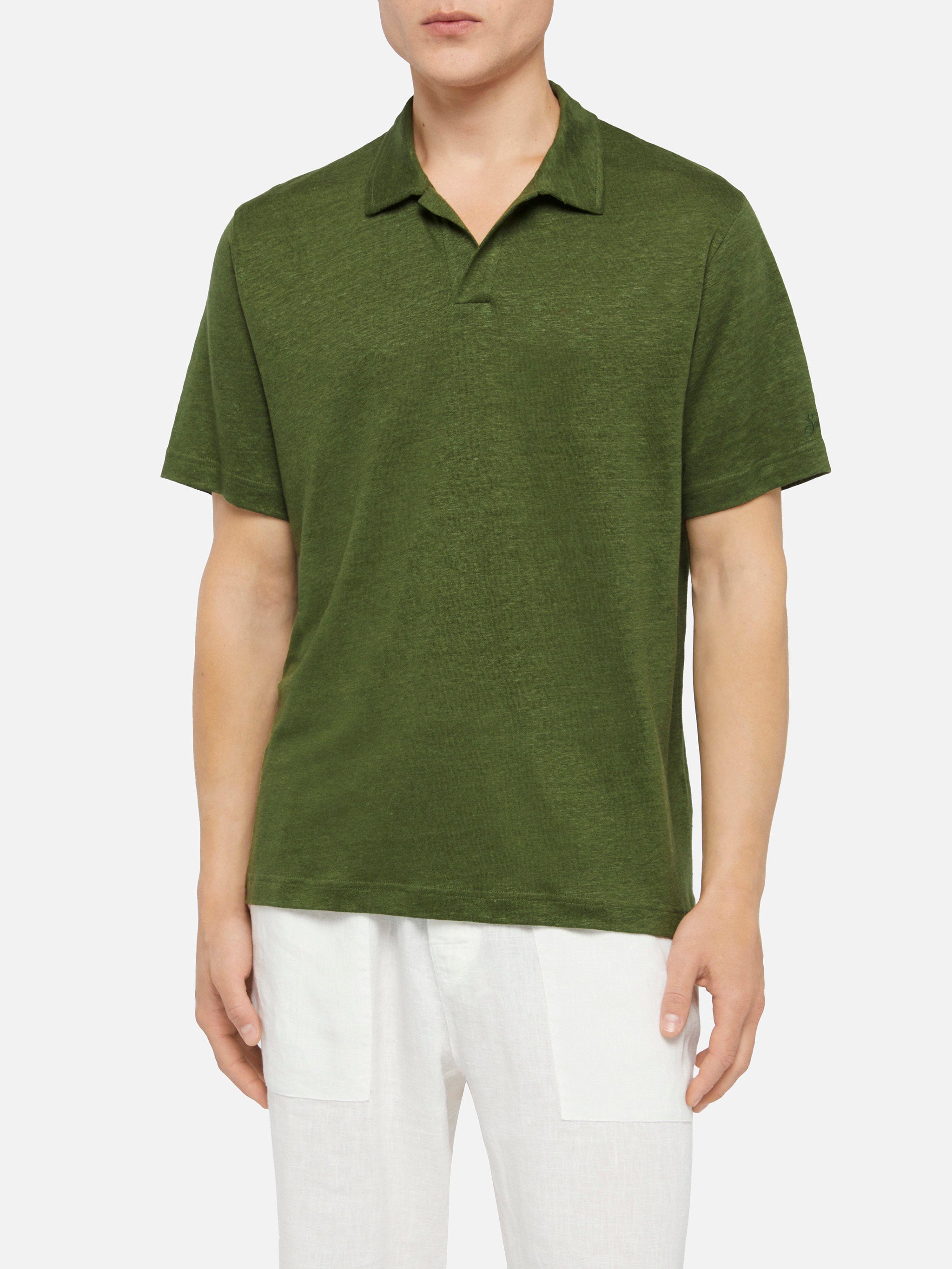 mc2-saint-barth-fraser-polo-uomo-in-lino-verde-militare-senza-bottoni image 1