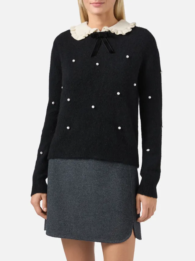 mc2-saint-barth-levine-maglione-donna-nero-con-colletto-fiocco-e-perle image 1