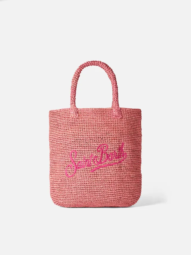 mc2-saint-barth-borsa-a-secchiello-in-rafia-rosa-con-logo-ricamato image 1