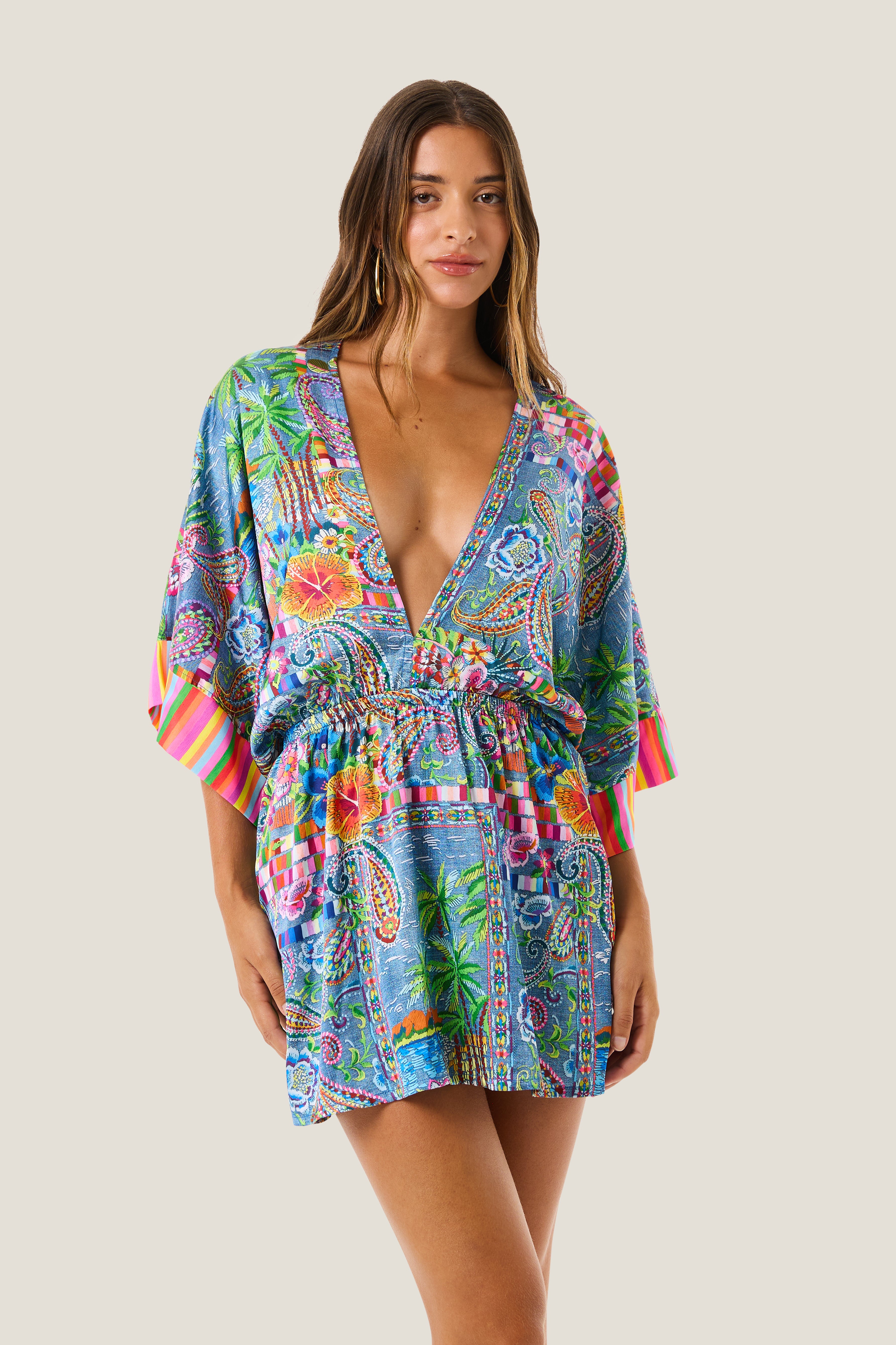 4giveness-vestito-corto-scollo-v-manica-3-4-denim-mexican-cover-up-donna image 1