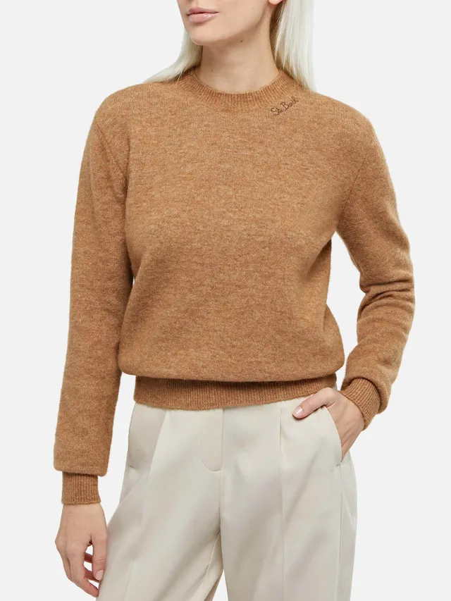 maglia-mc2-saint-barth-sorbonne-da-donna-in-filato-stretch-cammello-girocollo-co image 1