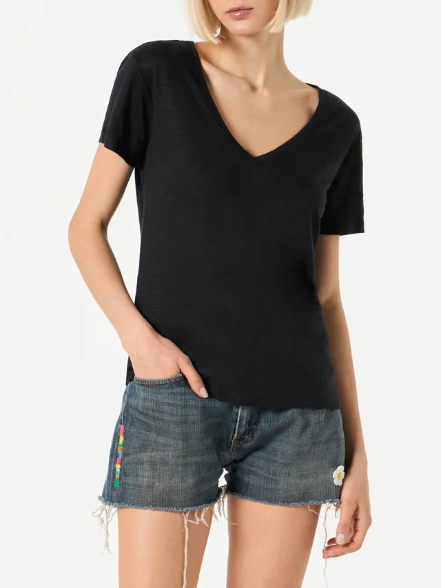 mc2-saint-barth-t-shirt-donna-in-lino-nero-scollo-a-v-stile-st-barth image 1