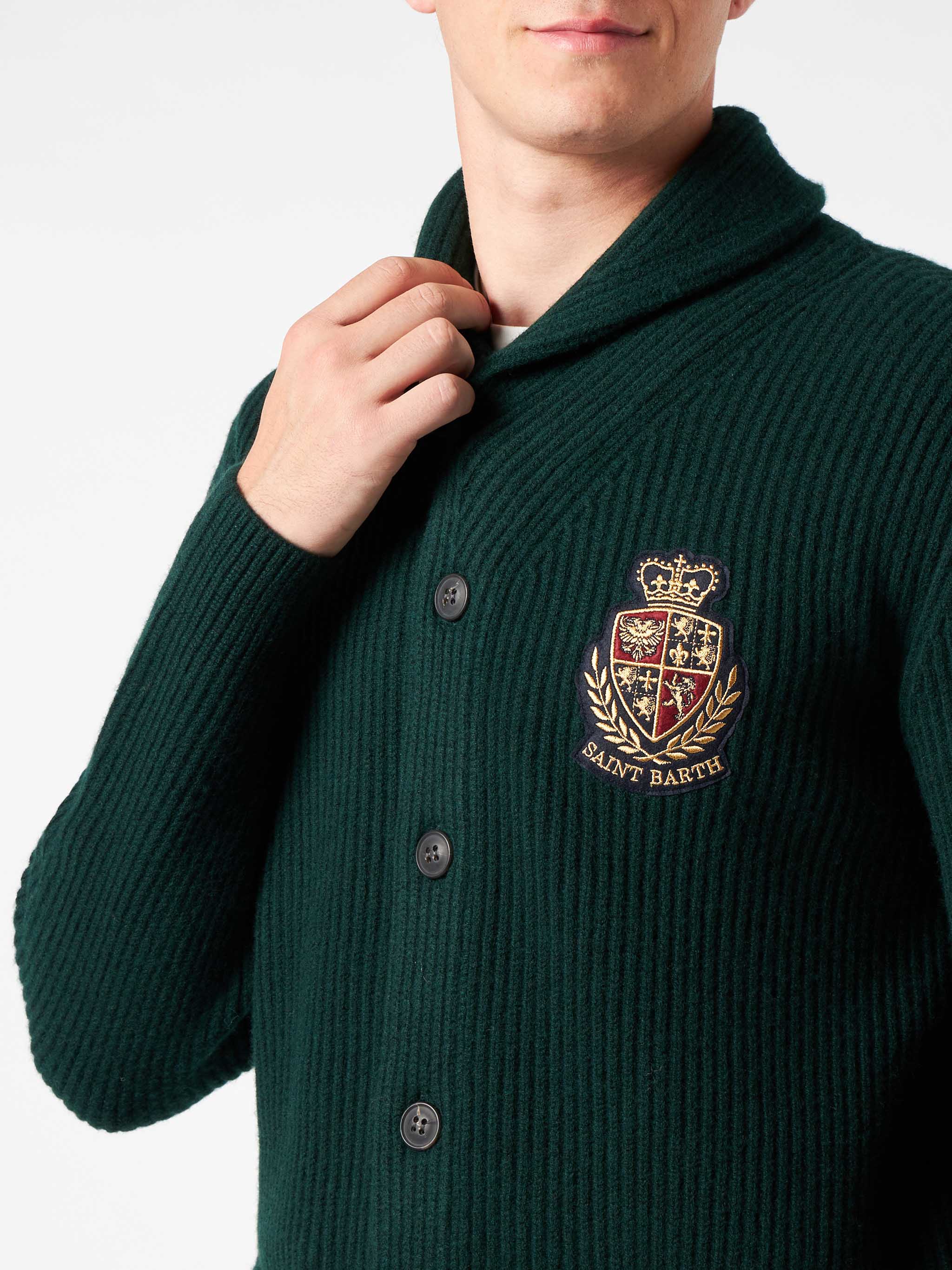 mc2-saint-barth-burford-cardigan-uomo-collo-scialle-verde-a-coste-con-patch image 3