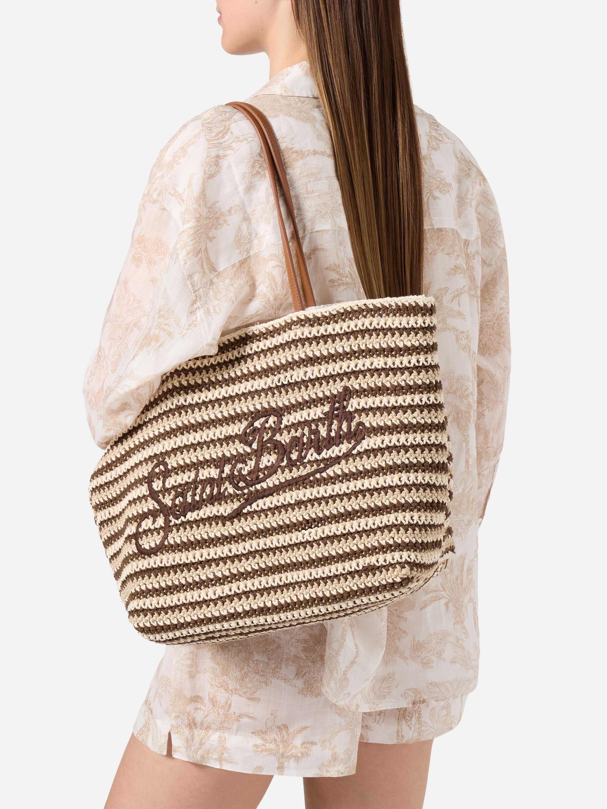 borsa-tote-mc2-saint-barth-crochet-a-righe-beige-e-marroni-con-logo-ricamato image 2