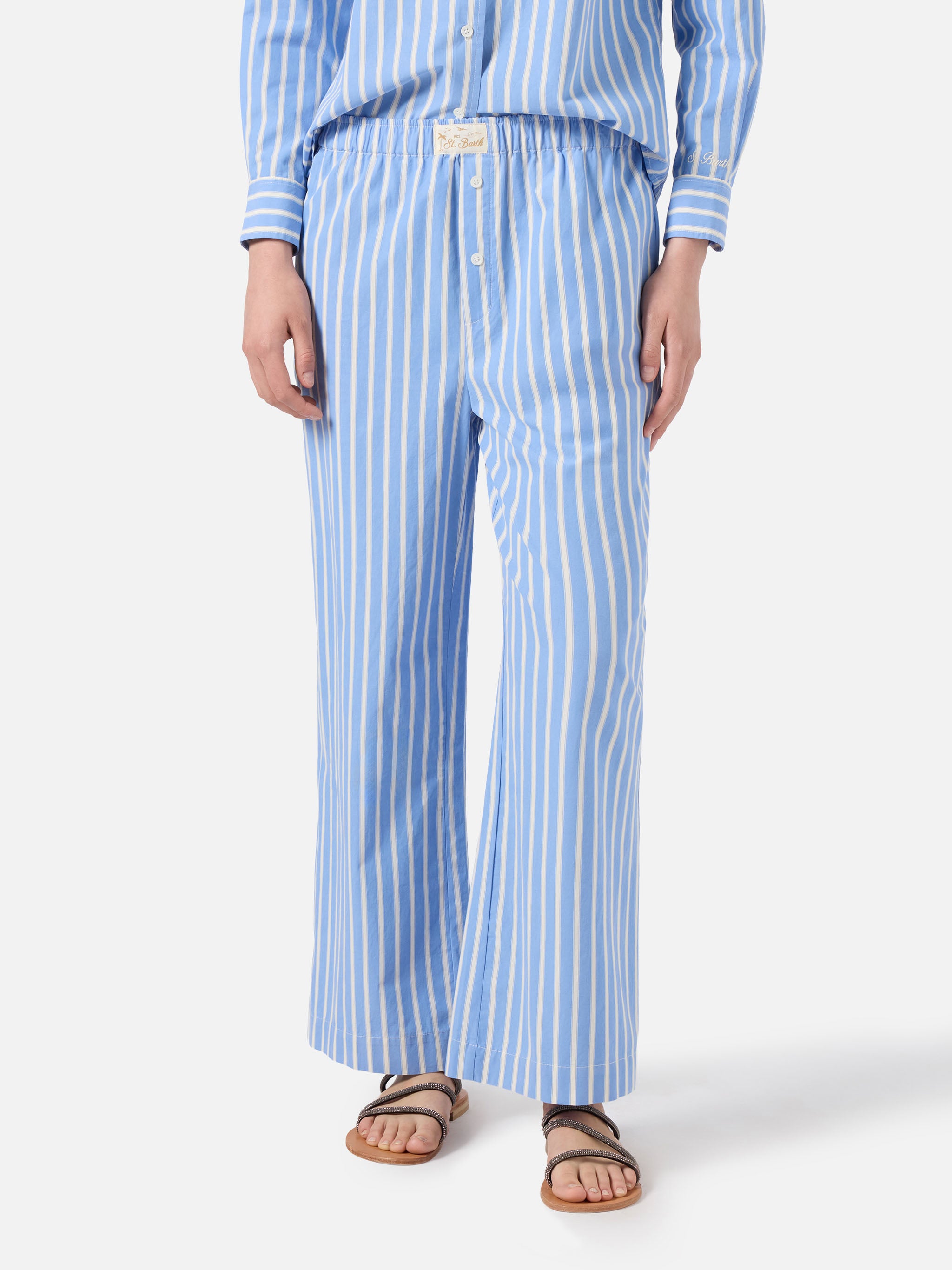 mc2-saint-barth-pantaloni-doha-donna-in-popeline-di-cotone-a-righe-azzurre image 1