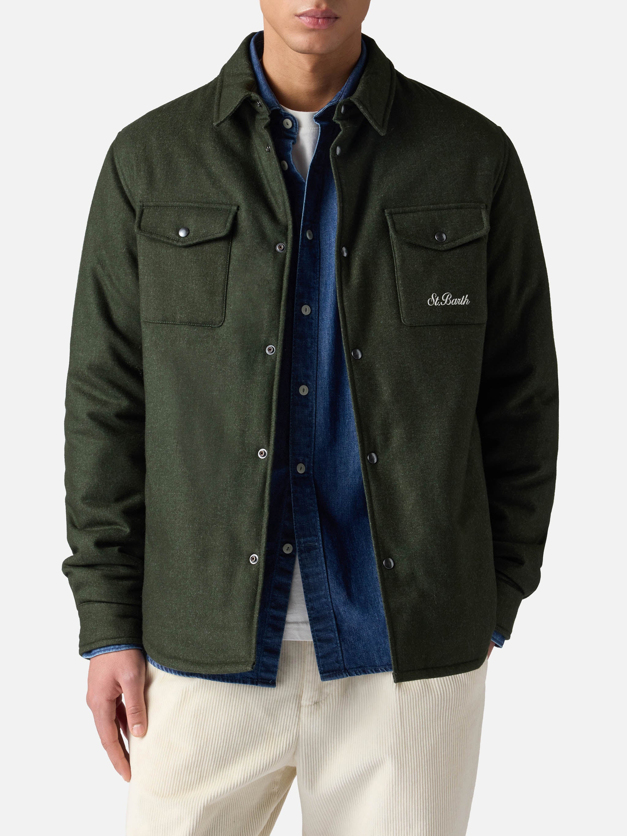mc2-saint-barth-chalet-sovracamicia-uomo-verde-militare-in-lana-con-ricamo image 1