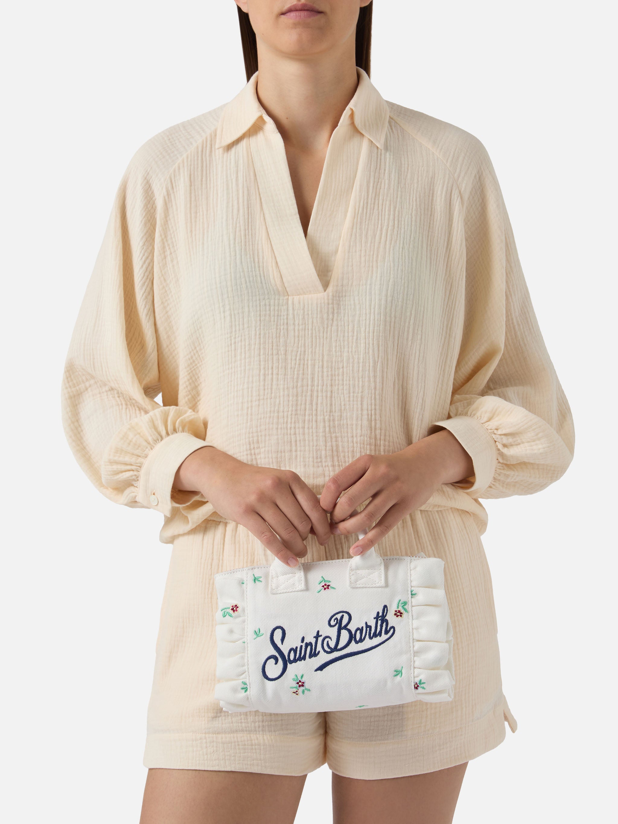 mc2-saint-barth-vanity-mini-volant-borsa-denim-bianca-fiori-ricamati image 2