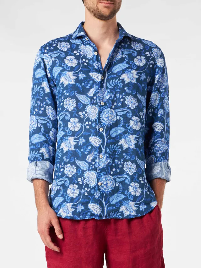 mc2-saint-barth-pamplona-camicia-uomo-lino-blu-fantasia-floreale image 1