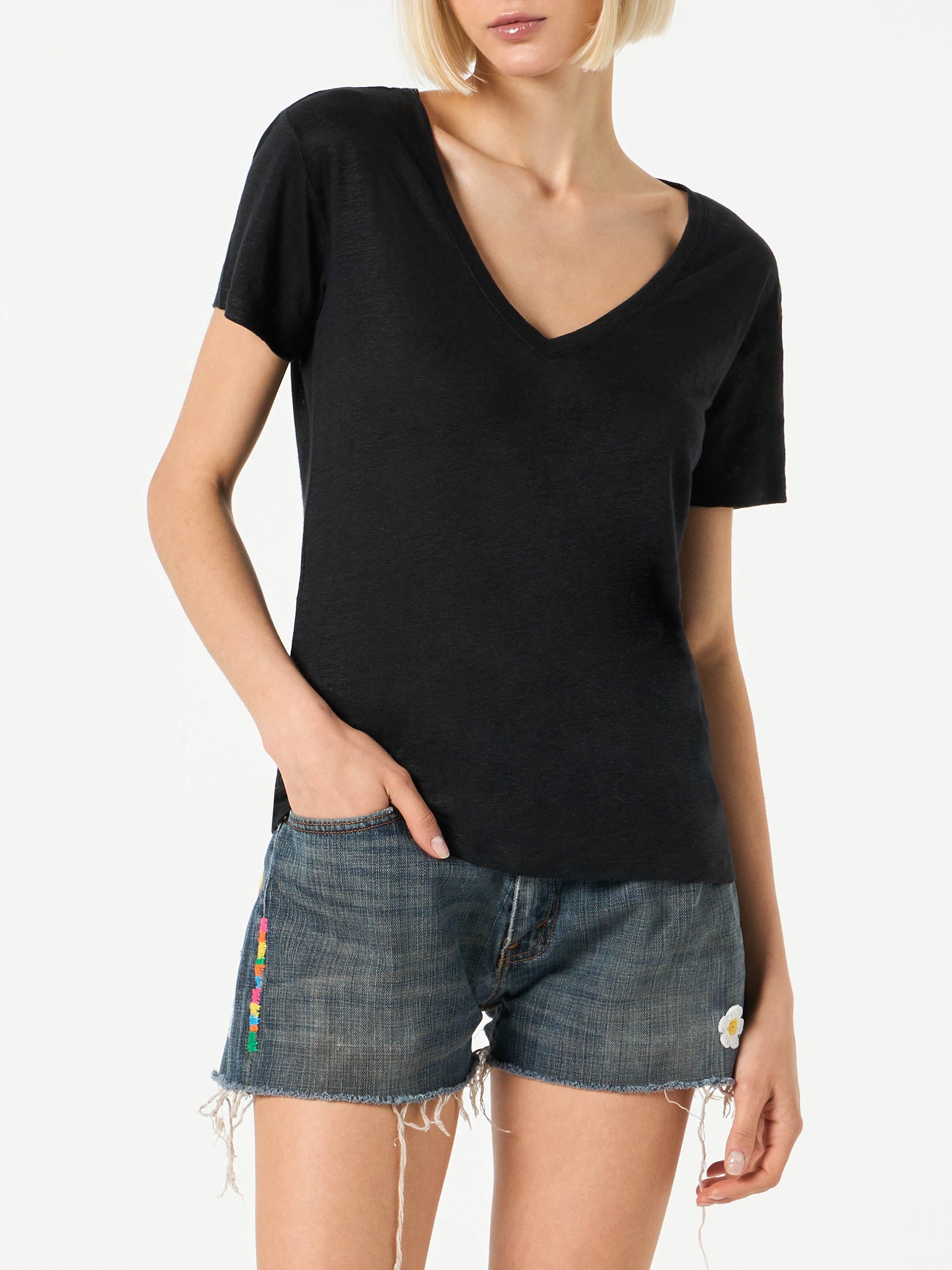 mc2-saint-barth-t-shirt-donna-in-lino-nero-scollo-a-v-stile-st-barth image 1