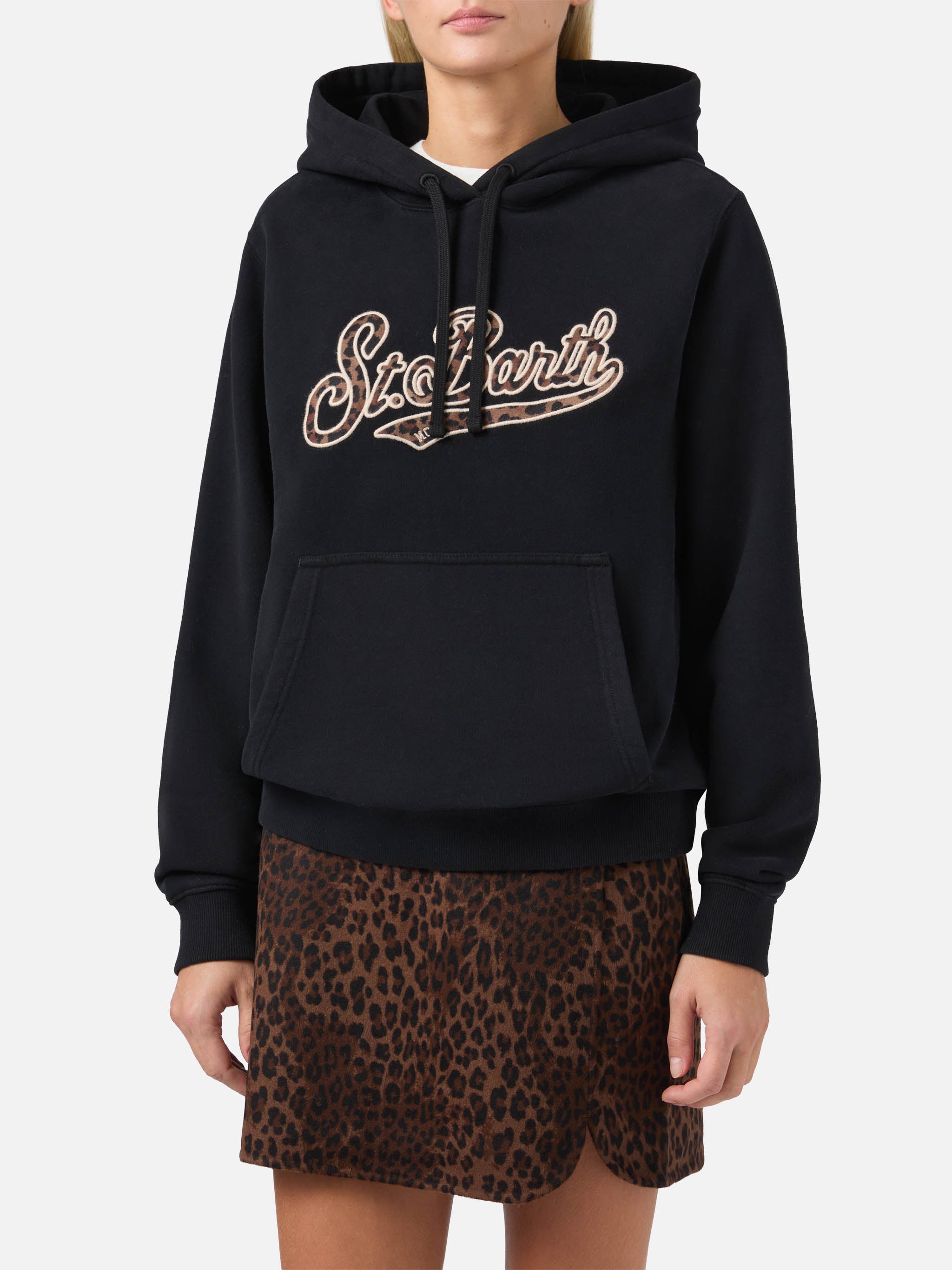 mc2-saint-barth-virginia-felpa-con-cappuccio-in-cotone-nero-con-patch-animalier image 1