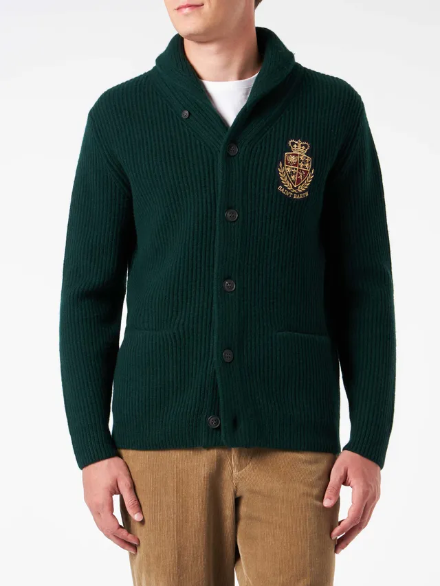 mc2-saint-barth-burford-cardigan-uomo-collo-scialle-verde-a-coste-con-patch image 1