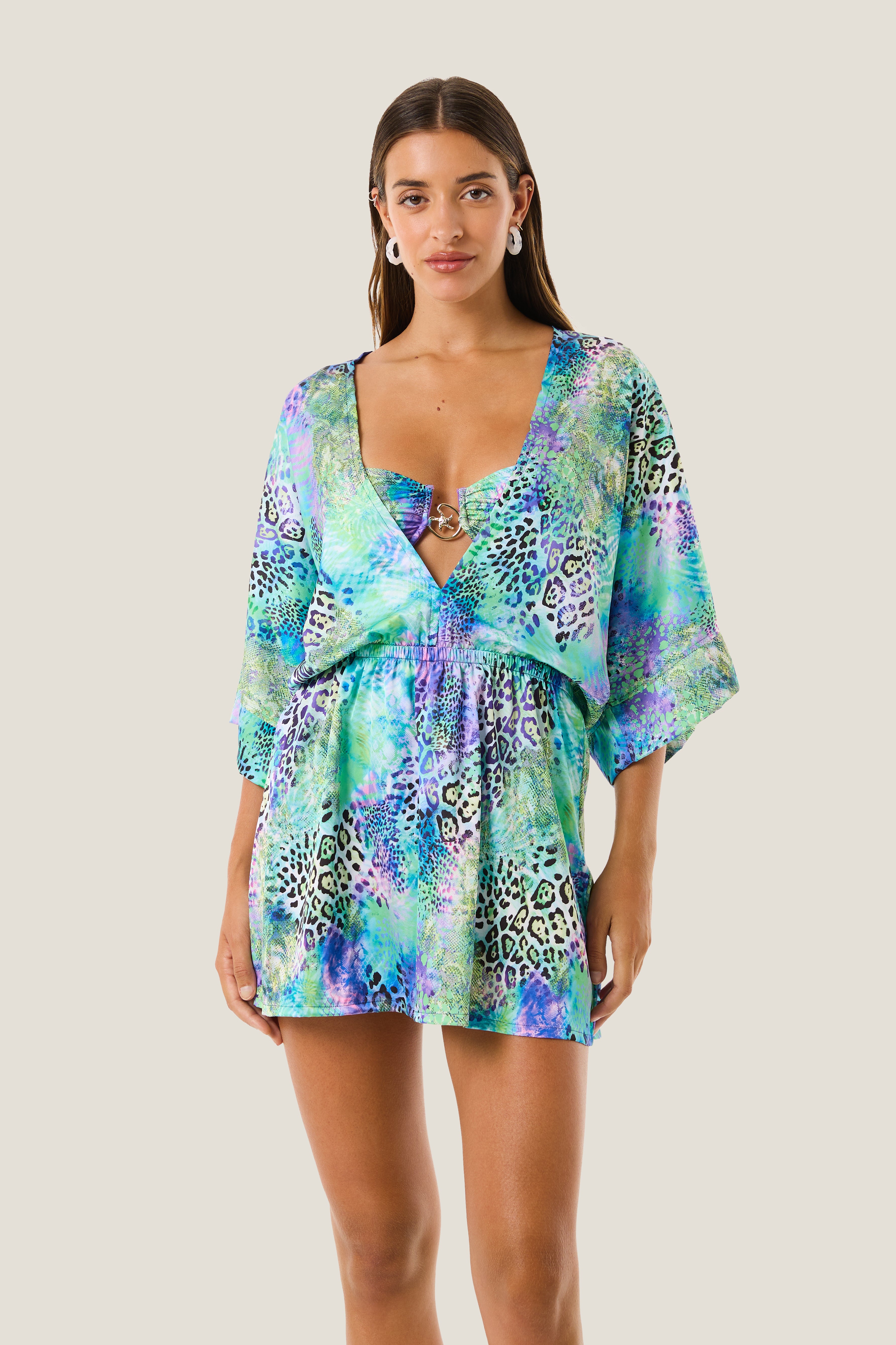 4giveness-abito-corto-scollo-v-manica-3-4-patch-animalier-donna-cover-up image 1