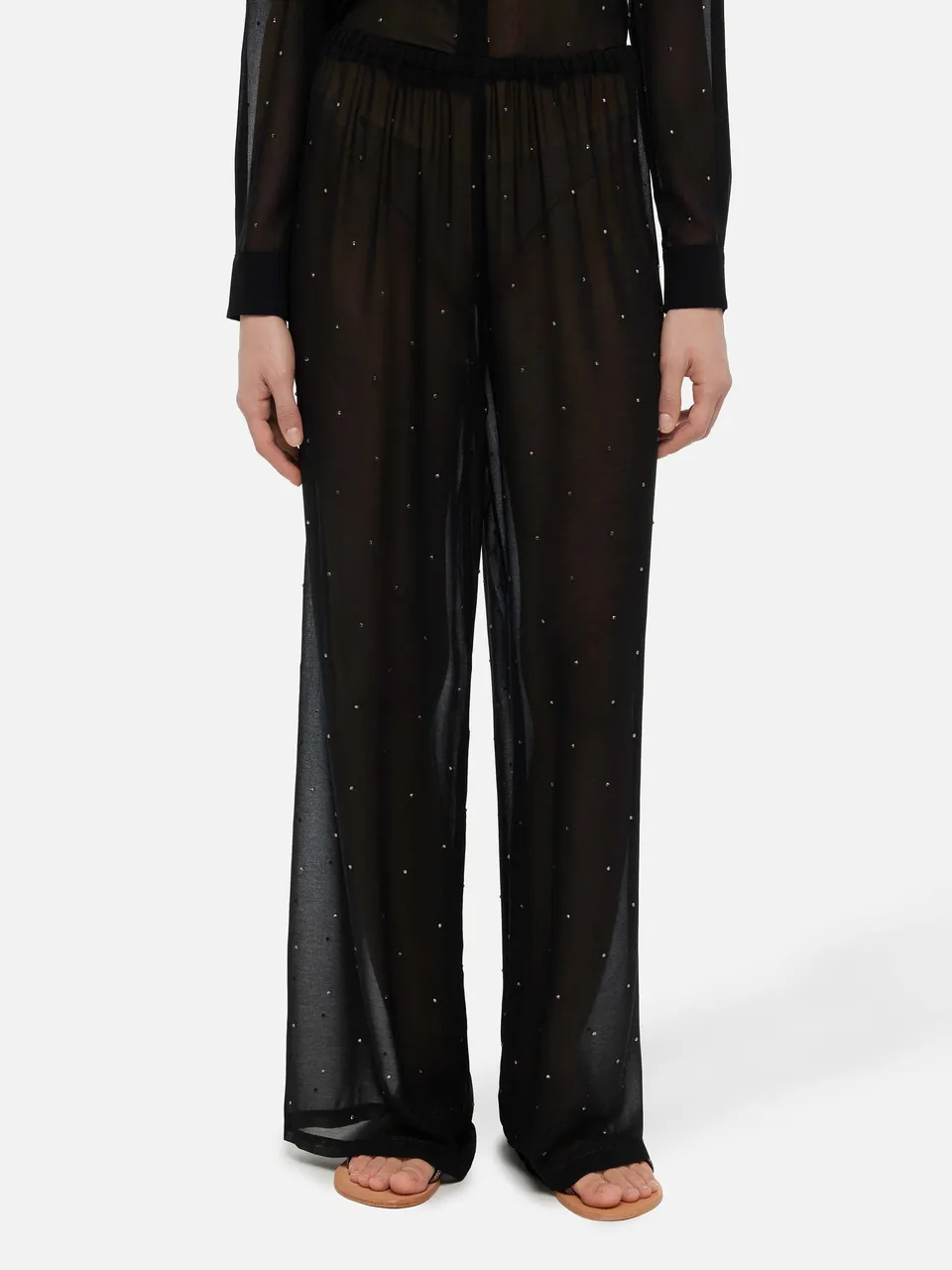 mc2-saint-barth-amalia-pantaloni-donna-georgette-nera-strass-gamba-larga image 1