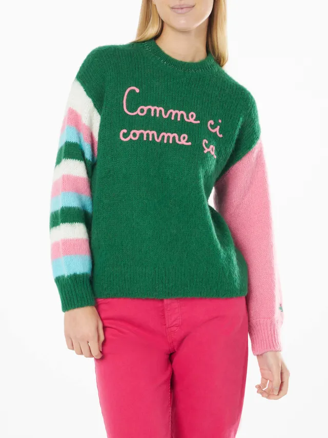 mc2-saint-barth-maglione-danya-soft-boxy-verde-con-ricamo-e-maniche-rosa image 1