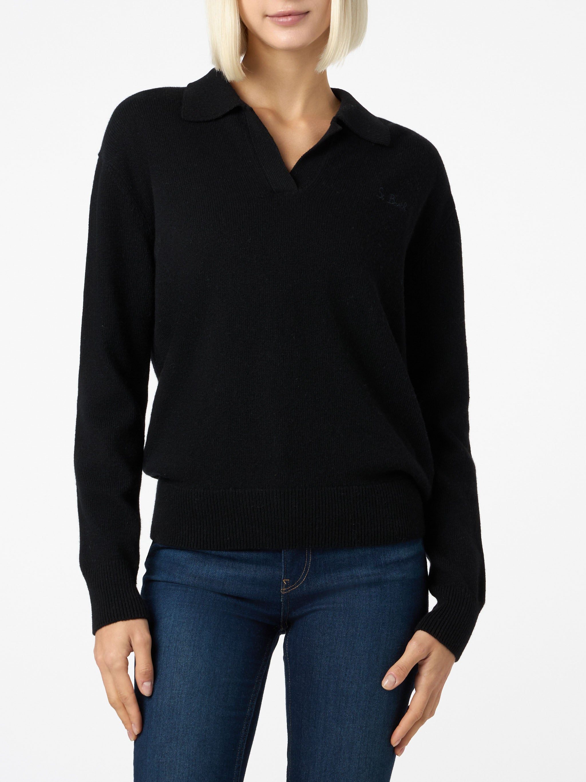 mc2-saint-barth-maglia-eze-donna-in-misto-cashmere-nero-con-colletto-polo image 1