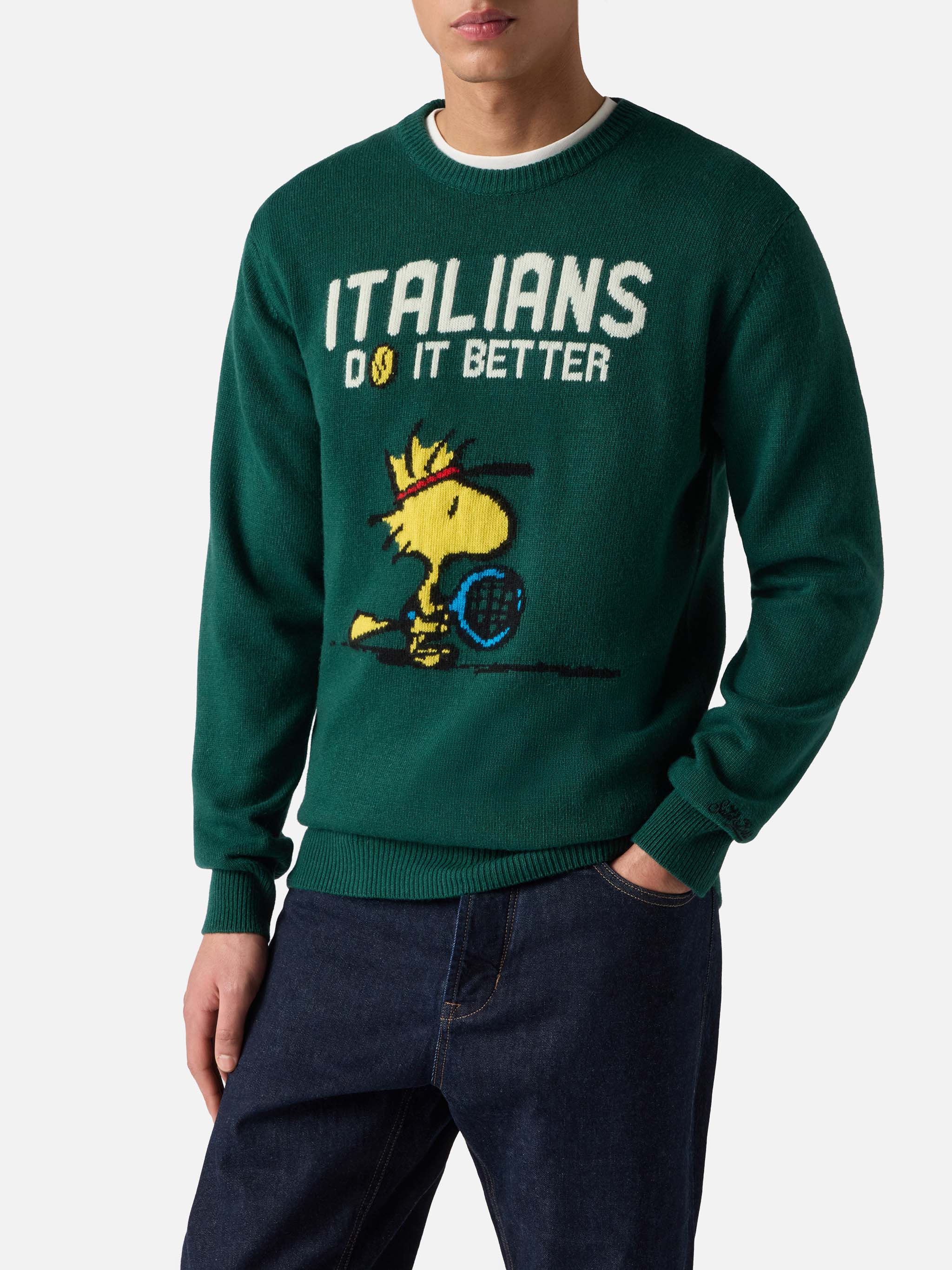mc2-saint-barth-heron-maglione-girocollo-uomo-verde-jacquard-woodstock-peanuts-s image 1
