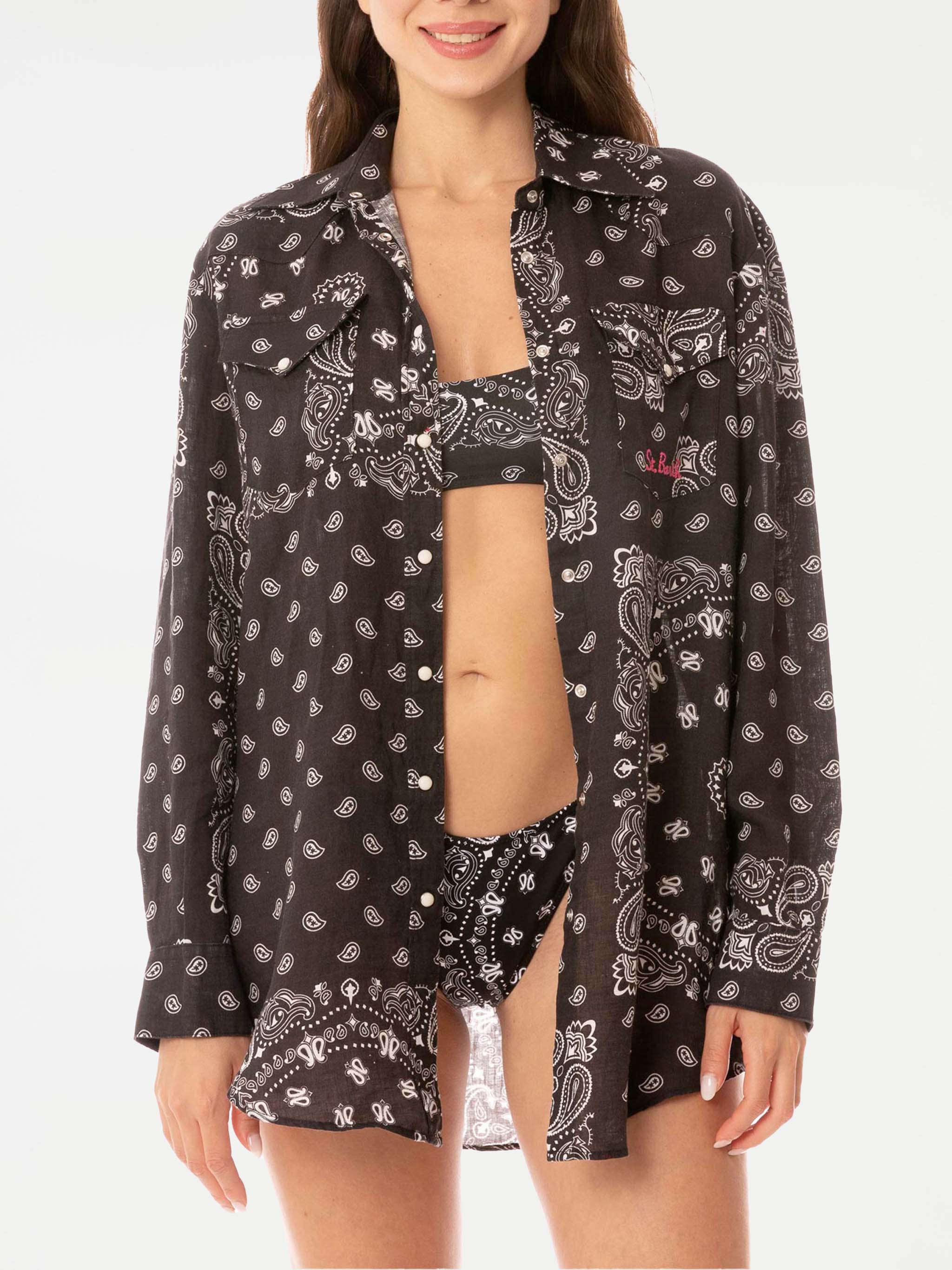 mc2-saint-barth-camicia-donna-alodie-tex-lino-nero-con-profili-bianchi image 1
