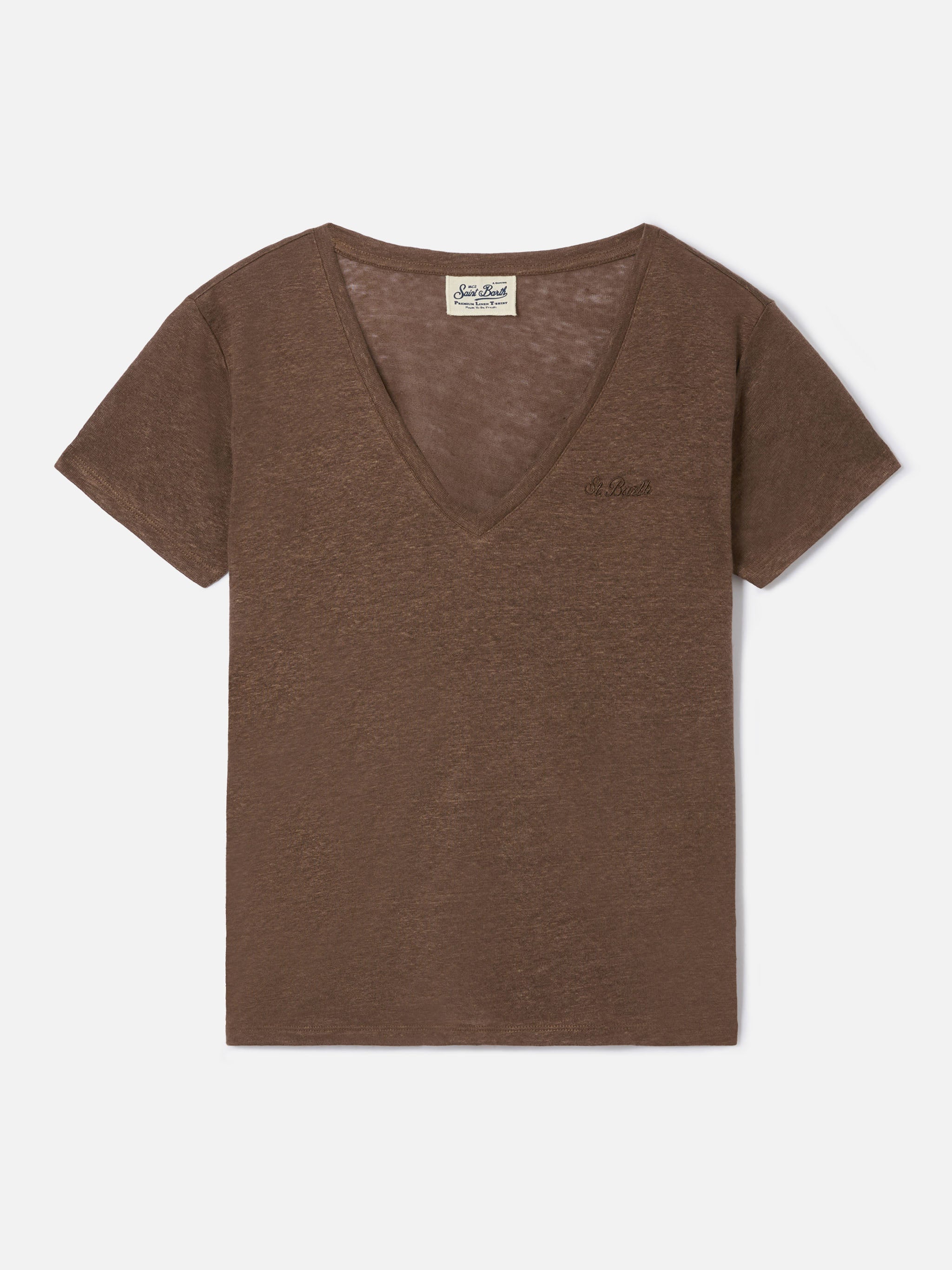 mc2-saint-barth-eloise-t-shirt-donna-lino-marrone-scollo-a-v image 1