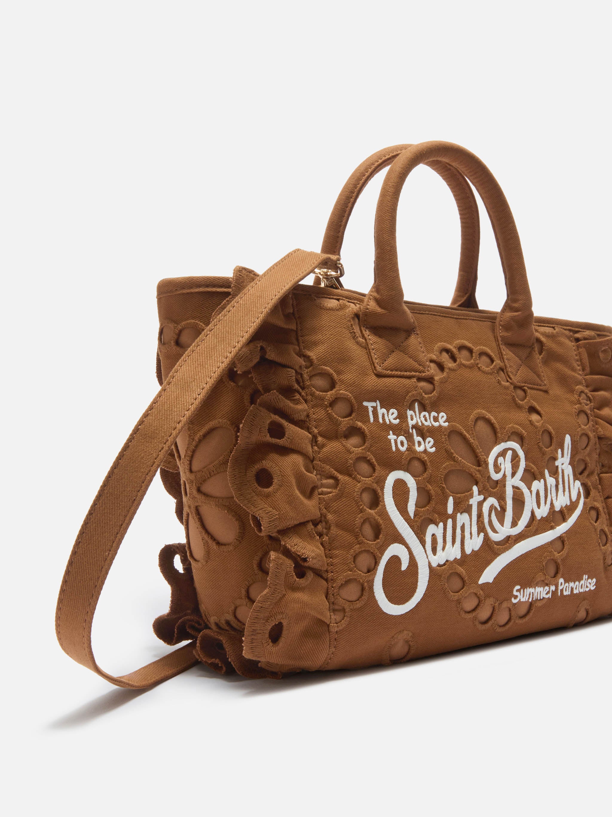 mc2-saint-barth-colette-volant-borsa-a-mano-in-cotone-sangallo-marrone image 2