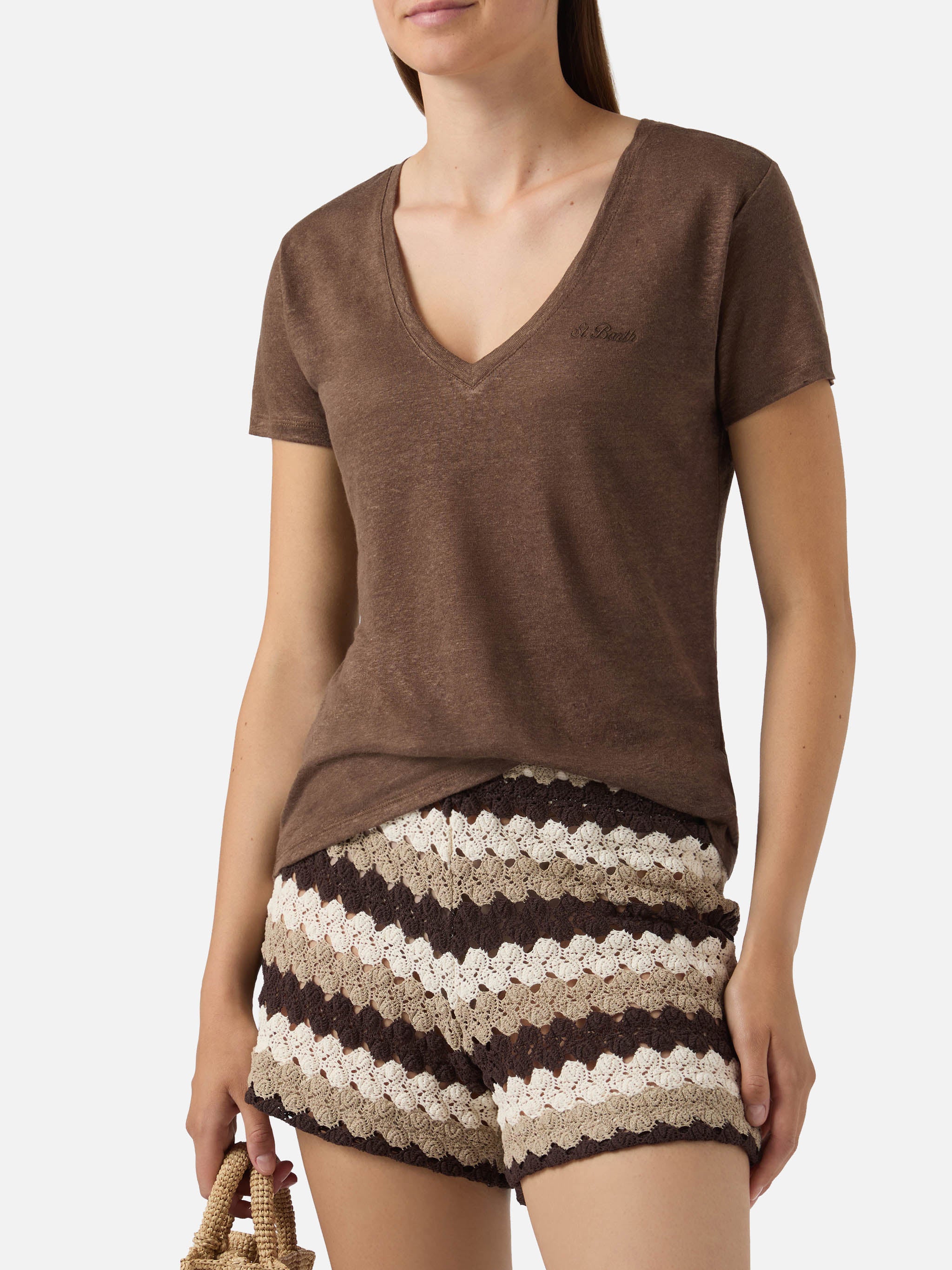 mc2-saint-barth-eloise-t-shirt-donna-lino-marrone-scollo-a-v image 2