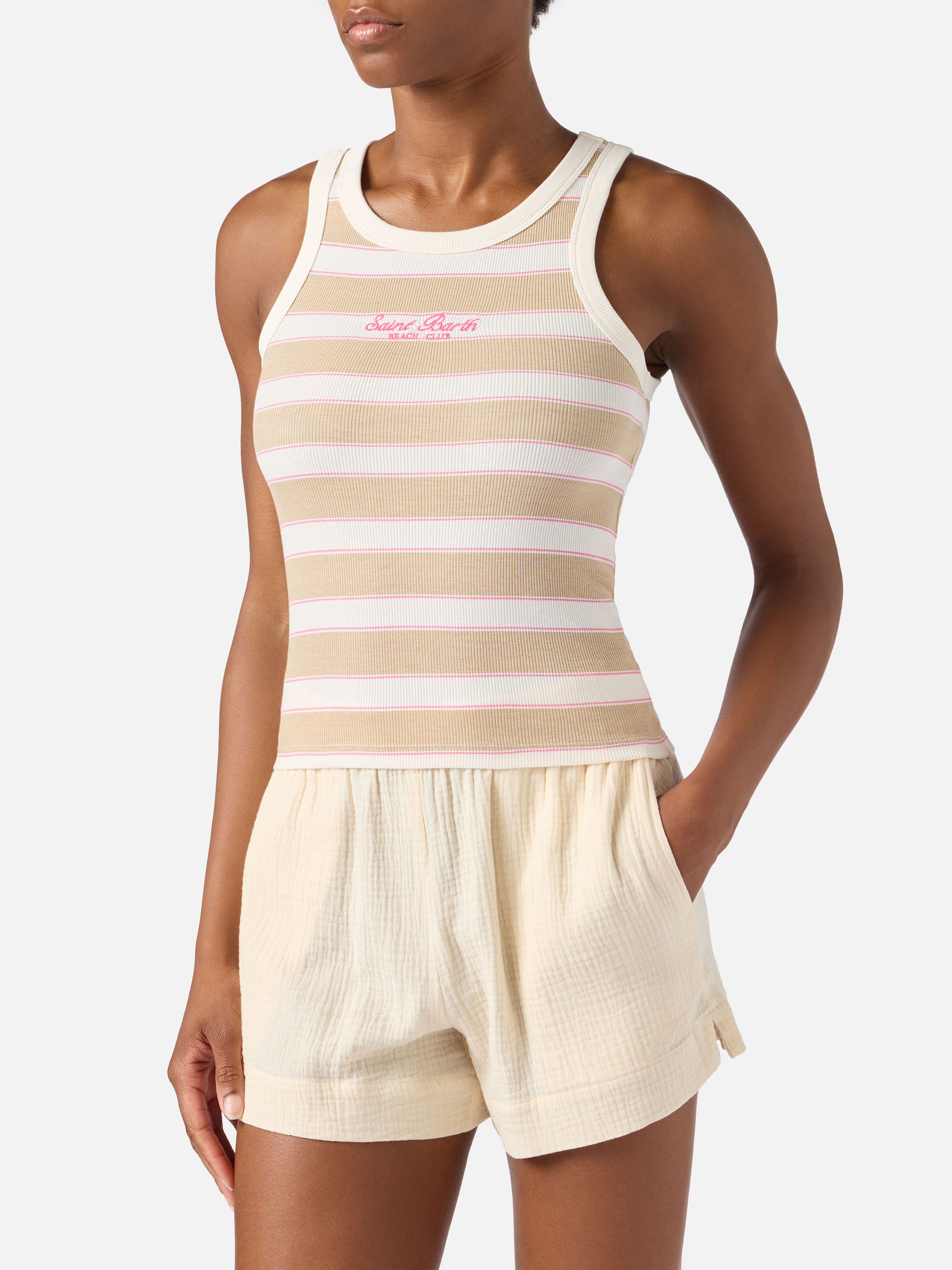 mc2-saint-barth-ada-canottiera-donna-a-righe-beige-beach-club image 2