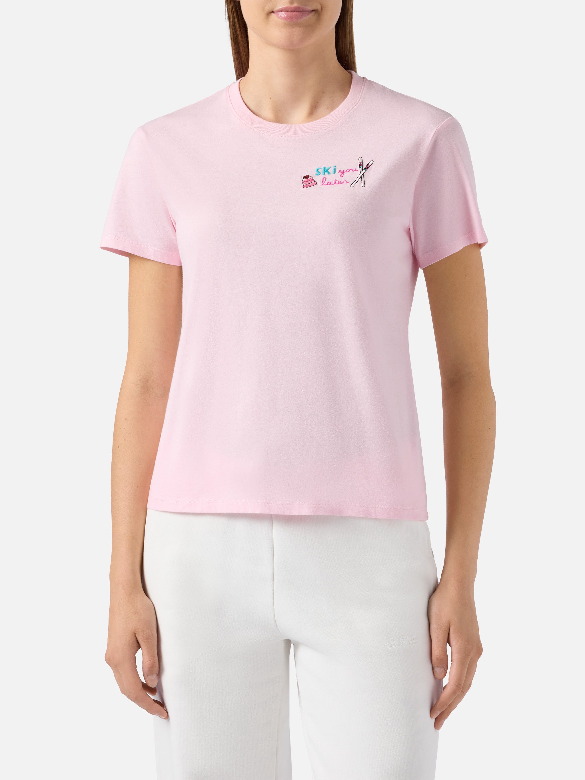 mc2-saint-barth-t-shirt-donna-emilie-cotone-rosa-ricamo-ski-you-later image 2