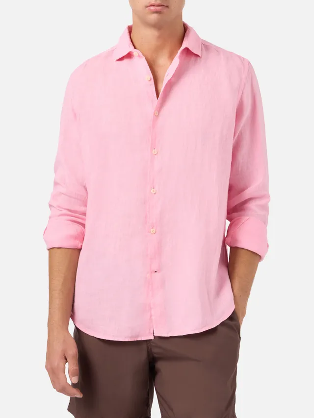 mc2-saint-barth-pamplona-camicia-in-puro-lino-rosa-tinta-unita-da-uomo-maniche-l image 1